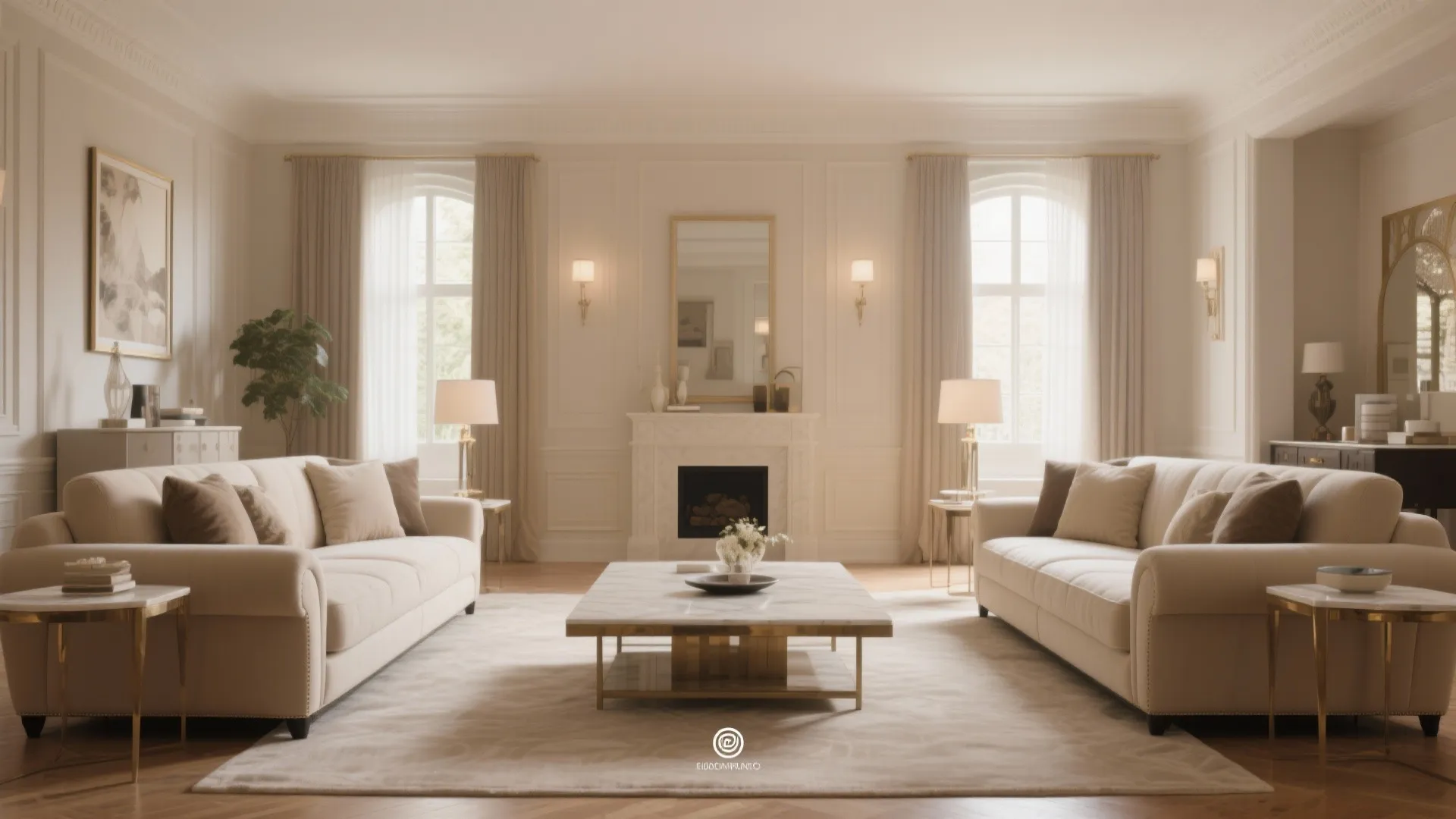 Elegant symmetrical living room featuring two beige sofas facing each other with a central fireplace
