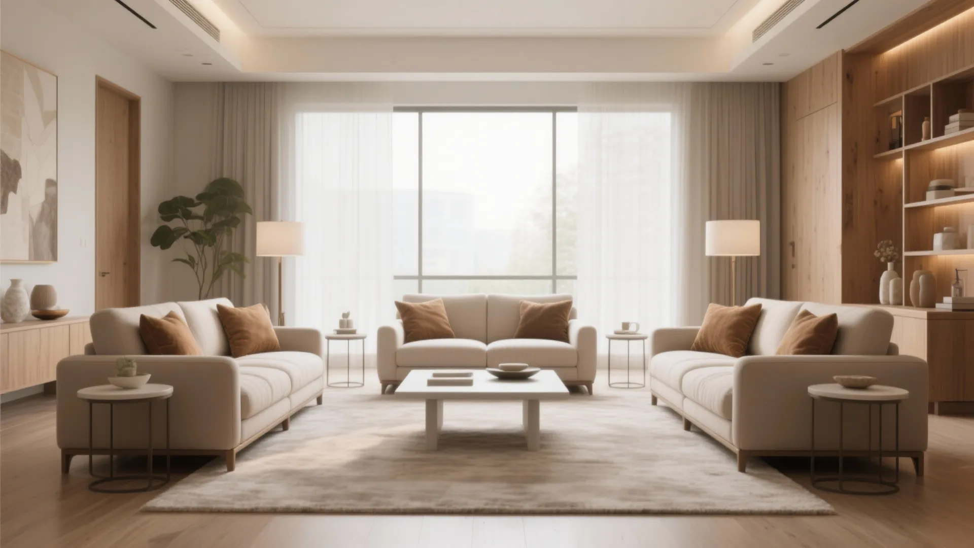 Symmetrical living room design with three cream sofas surrounding a white coffee table and rug