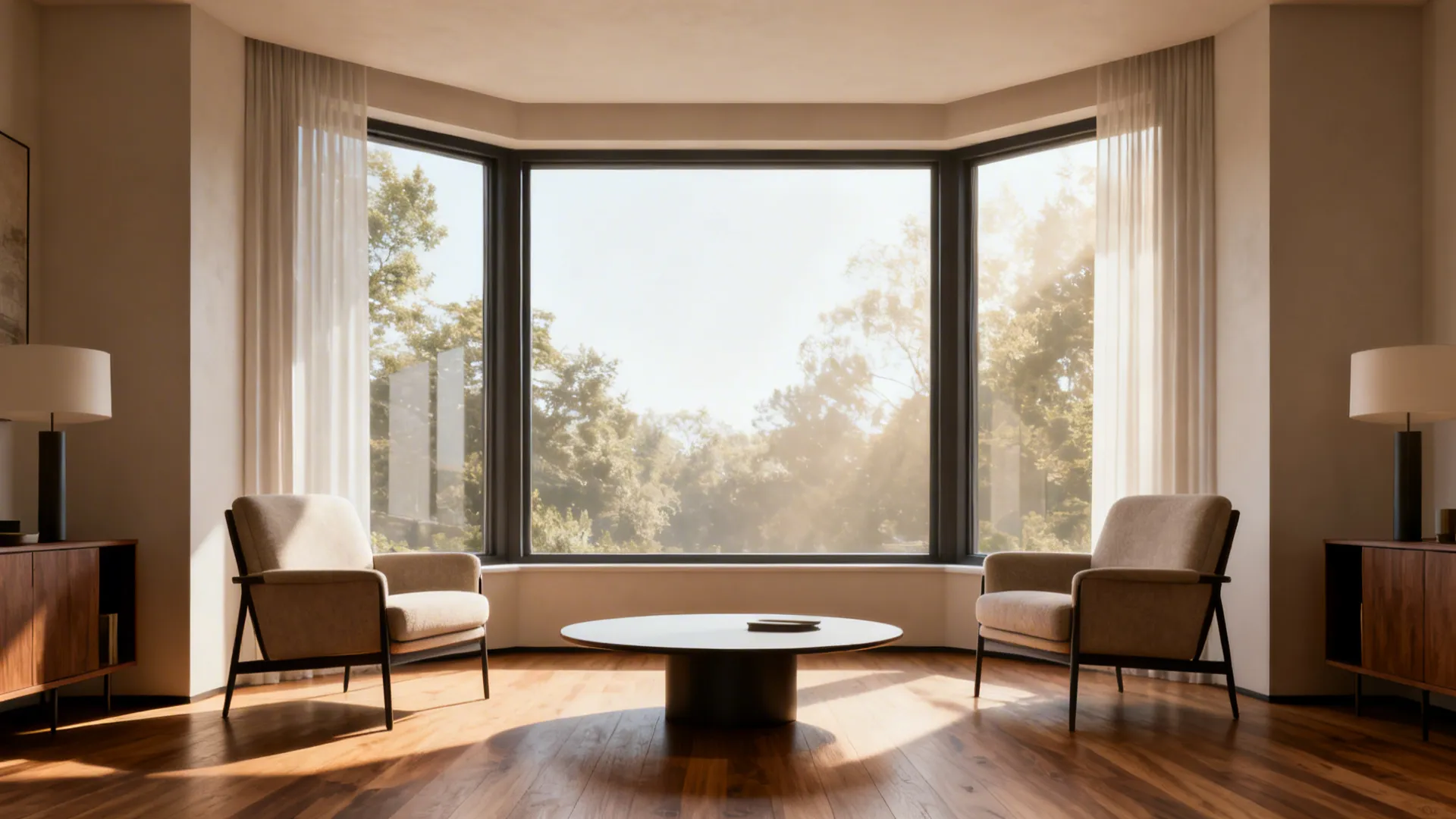 Bay window framed by two matching armchairs and a low round coffee table with wood floor.
