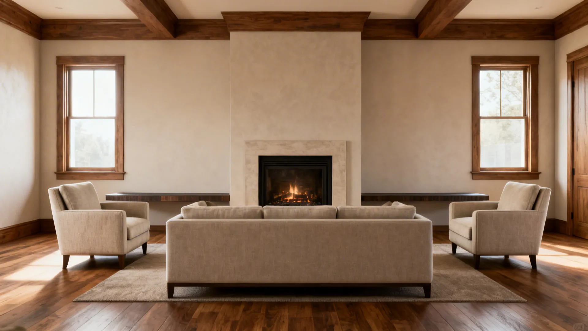 Low-profile sofa and matching armchairs symmetrically arranged facing a fireplace with side windows