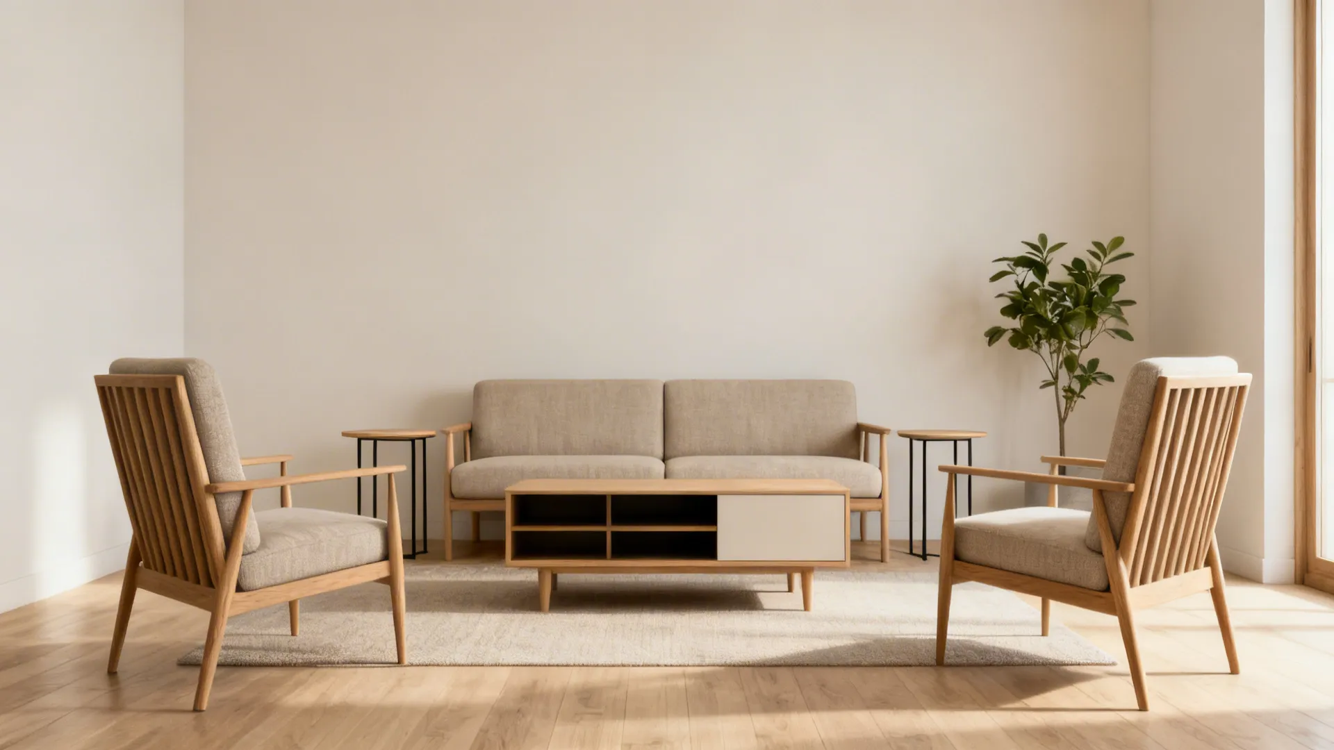 Symmetrical arrangement with two narrow chairs facing a compact loveseat to keep visual openness.