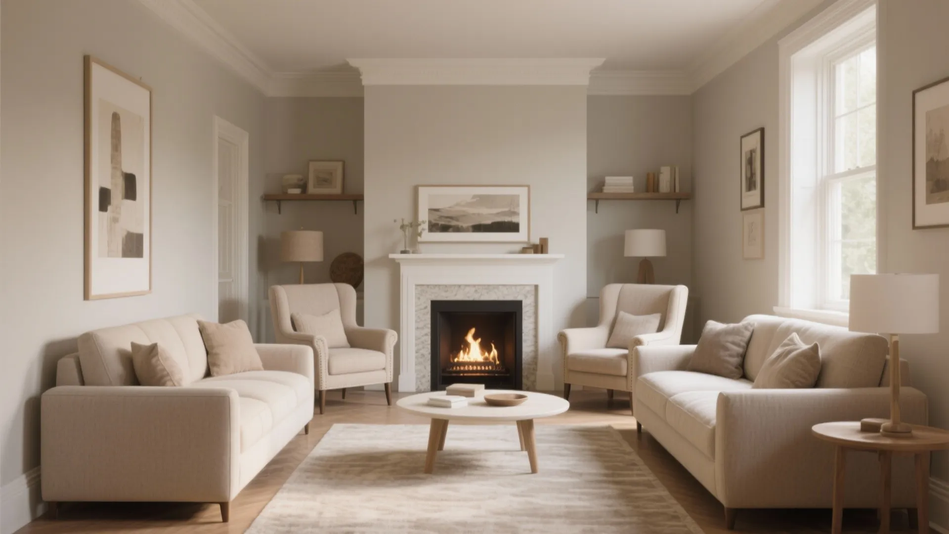 Symmetrical living room featuring two sofas two armchairs white fireplace round coffee table and soft