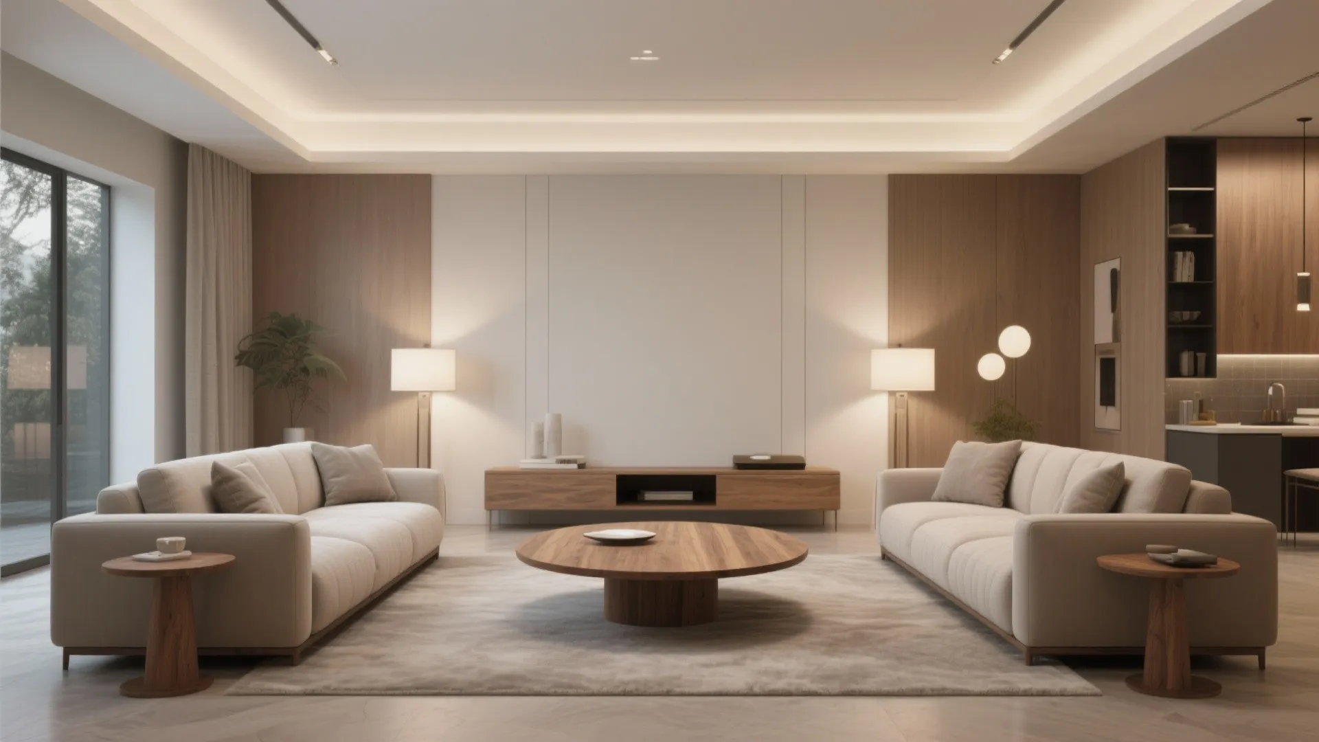 Symmetrical living room design with two beige sofas facing each other and a wooden table