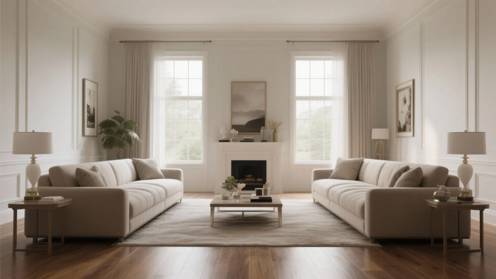 Symmetrical living room layout with matching sectional sofas