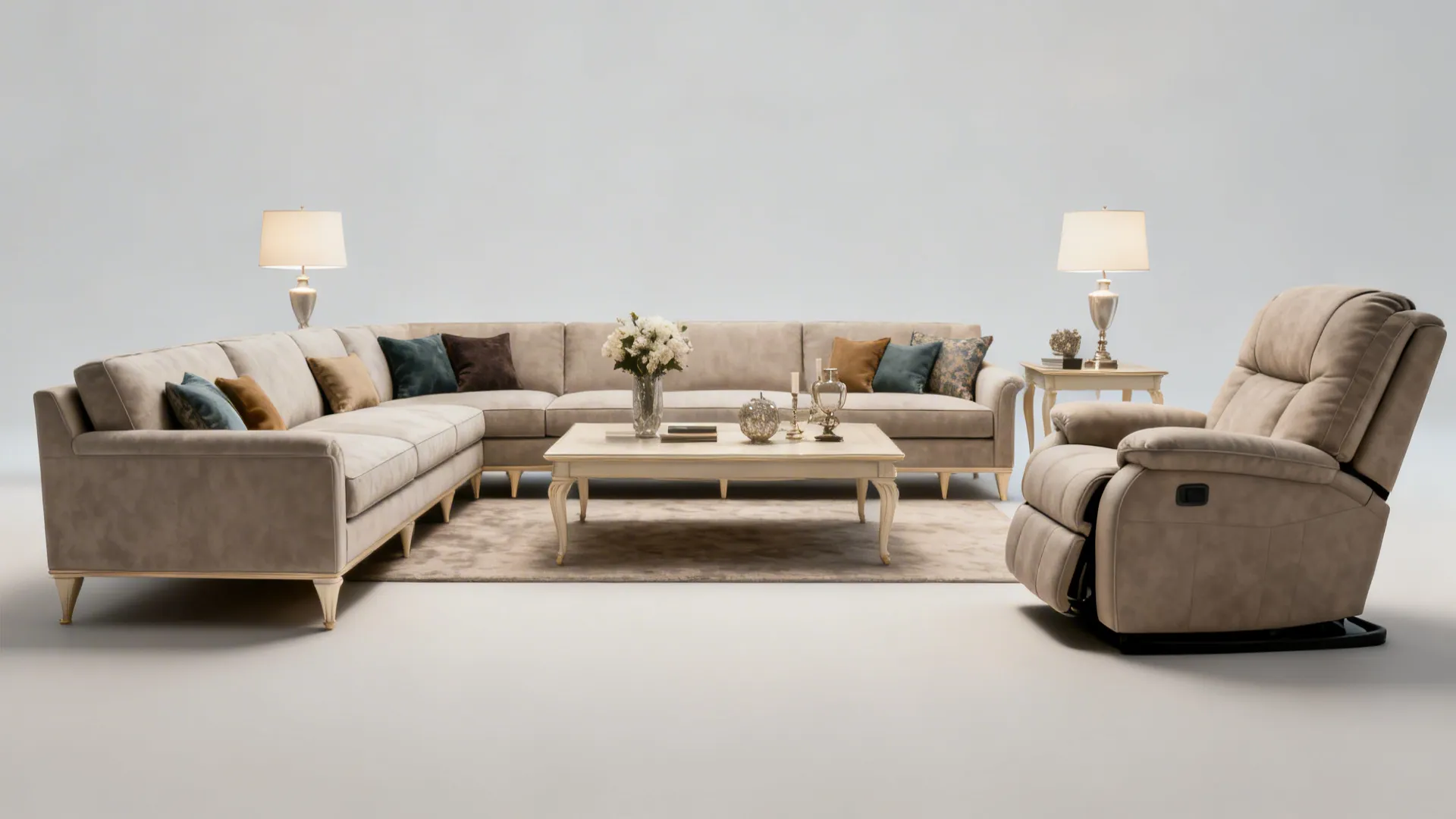 Symmetrical living room with a sectional balanced by a pair of recliners across a central coffee table.