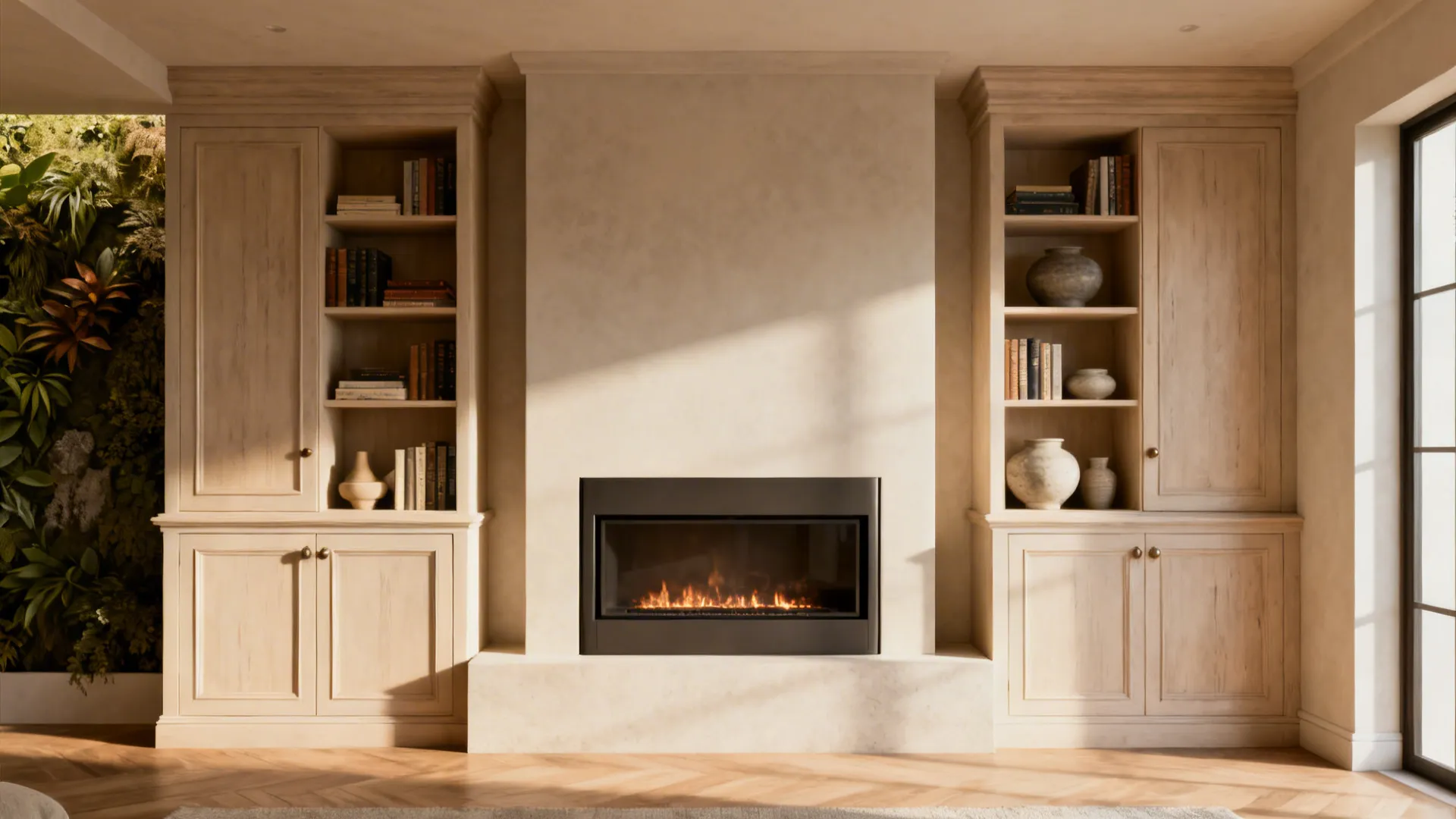 2. Symmetrical shelving with a centered modern fireplace