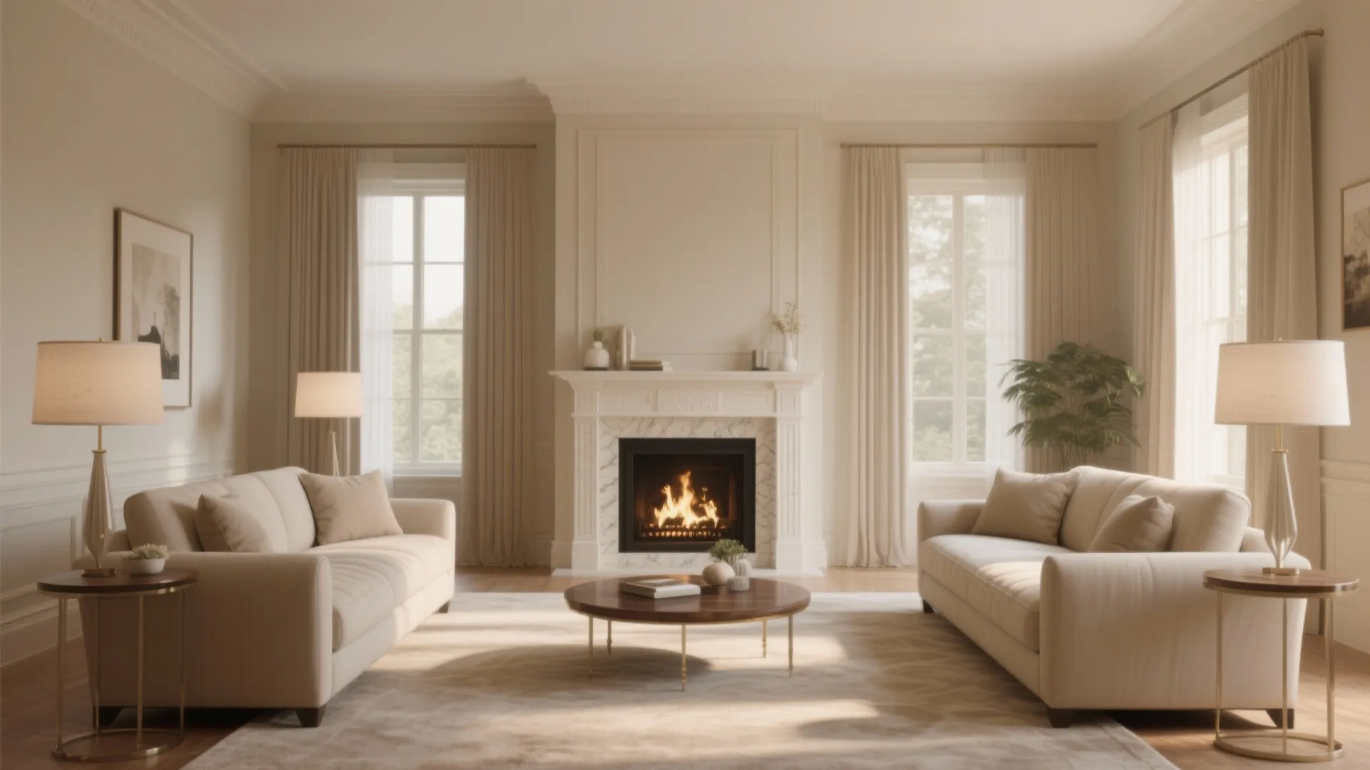 Symmetrical living room design with two white sofas facing each other near a warm fireplace