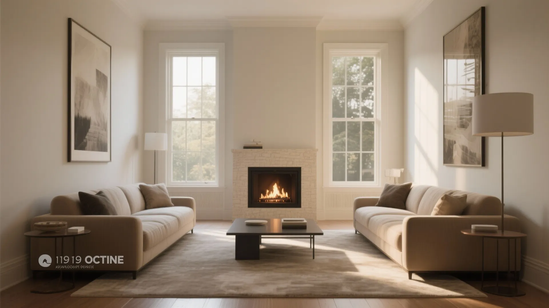 Symmetrical living room featuring two beige sofas facing a white fireplace between two tall windows