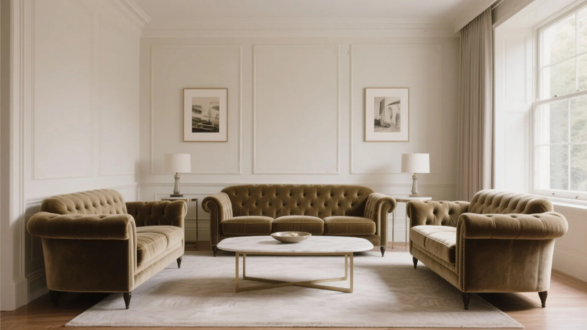 Symmetrical living room with three green sofas surrounding a marble coffee table on a white rug