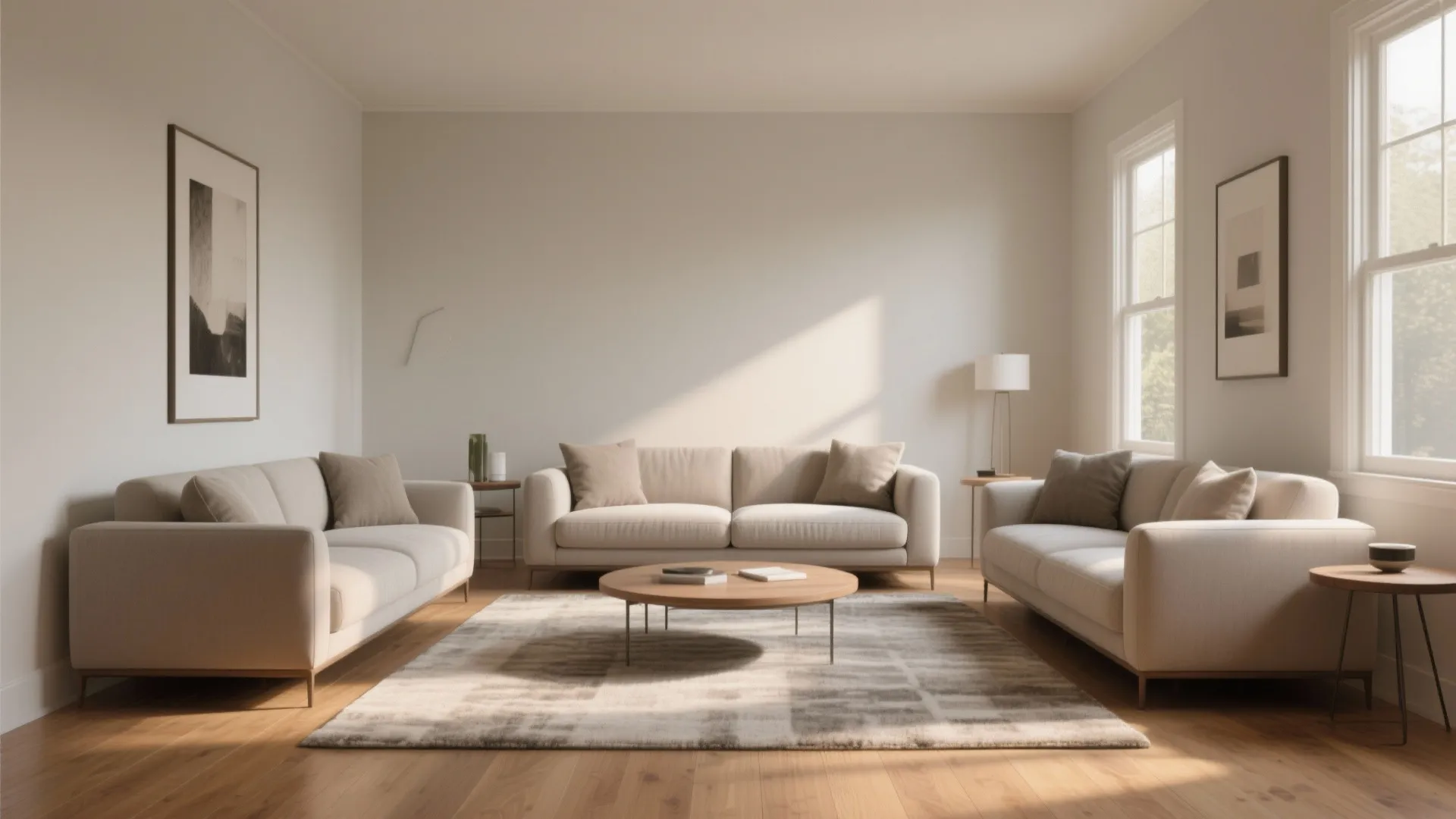 Symmetrical living room layout featuring three beige sofas facing a round wooden coffee table on rug