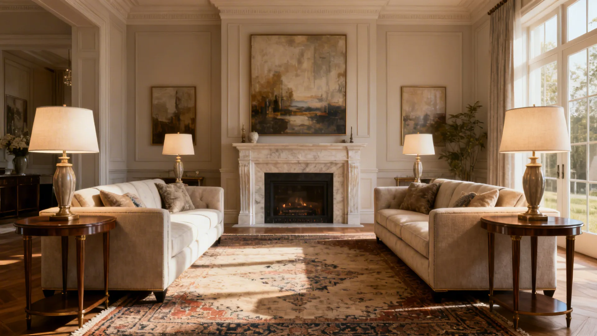 Formal living room with mirrored identical sofas, side tables, lamps and a vintage rug.