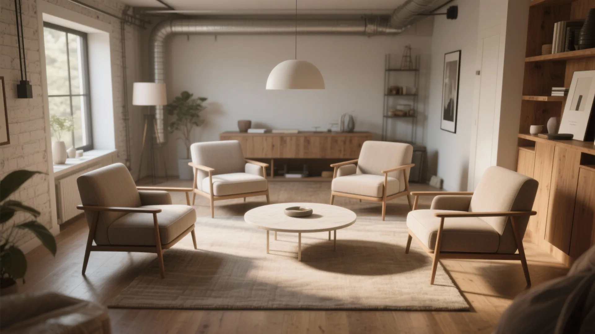 Four identical chairs in a perfect square with a round coffee table