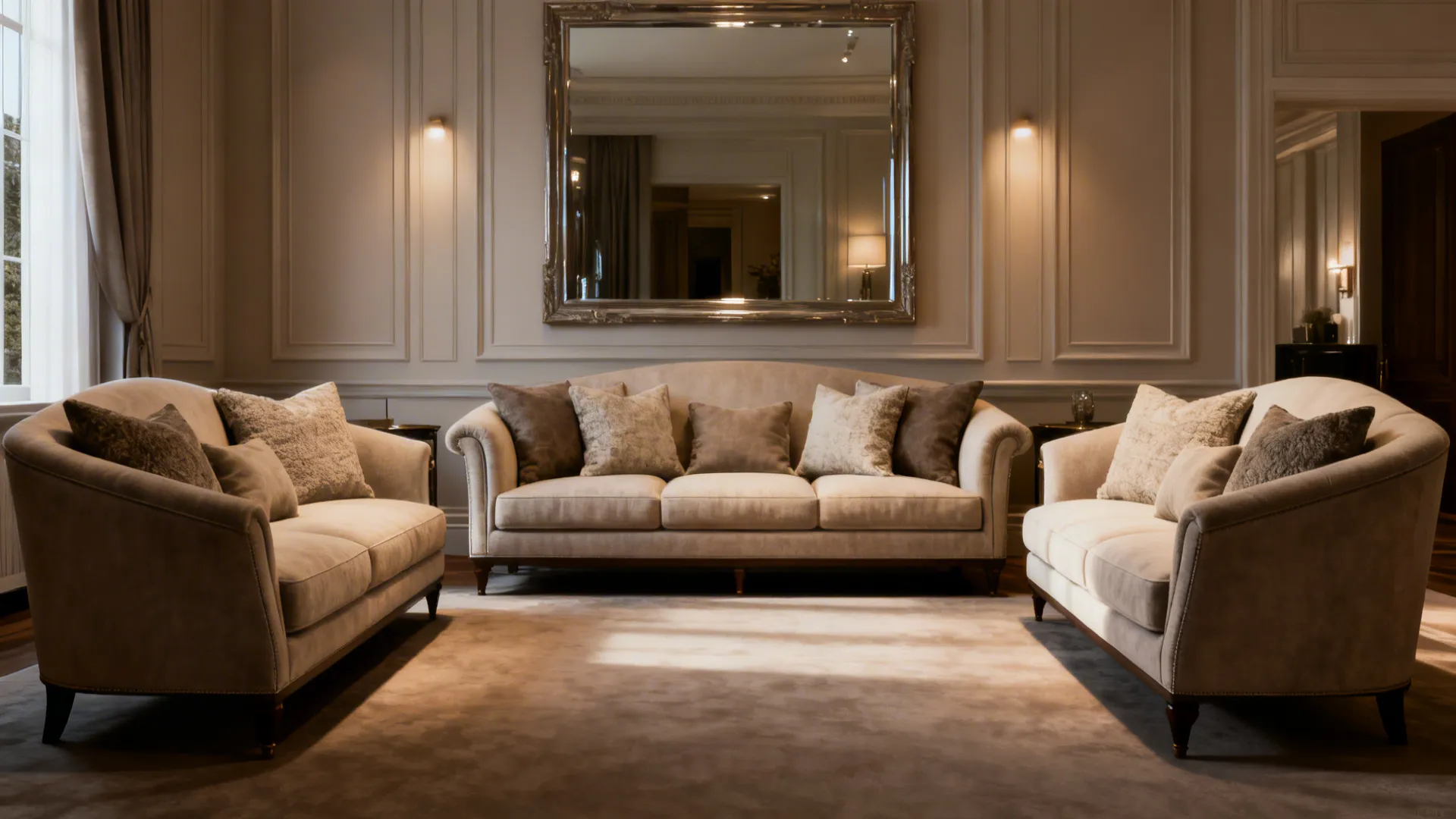 Formal living room with three identical seating pieces and a large mirror adding depth.