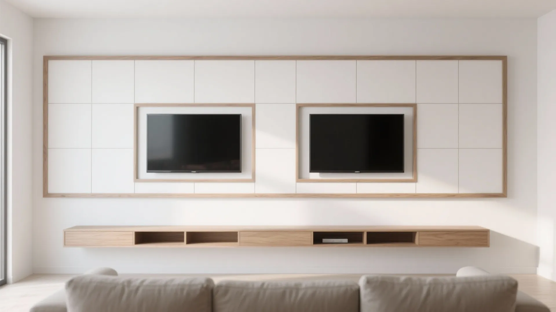 Two TVs in symmetrical grid layout in a living room