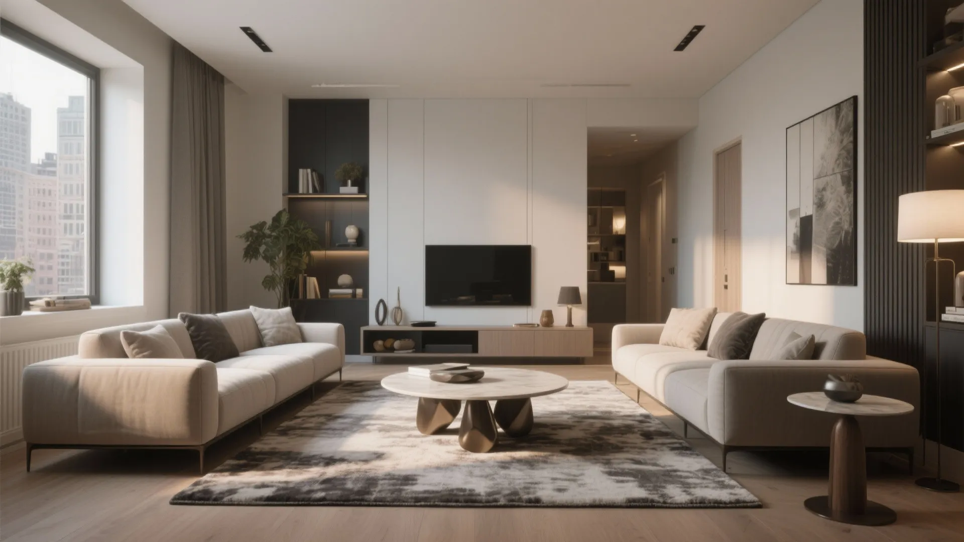 Symmetrical living room with two identical sofas facing each other