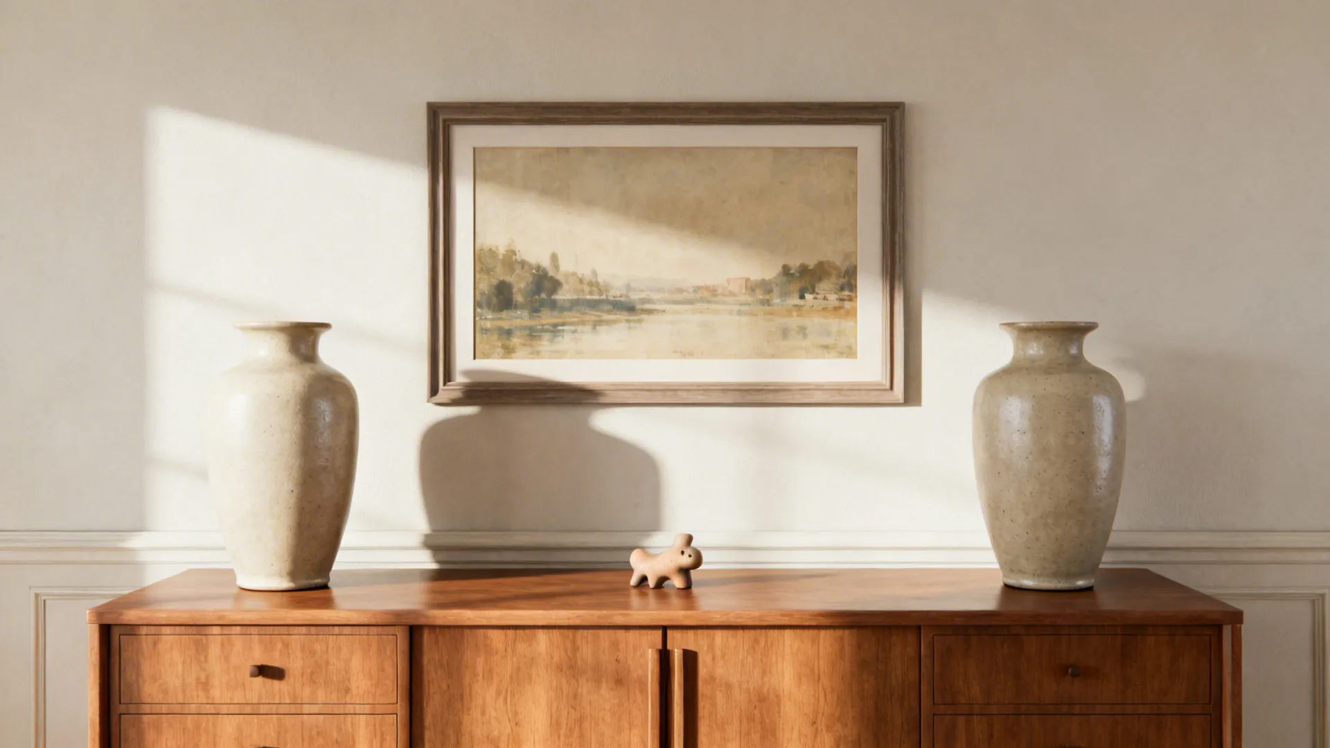 Sideboard styled with matching lamps and central artwork for symmetrical balance.