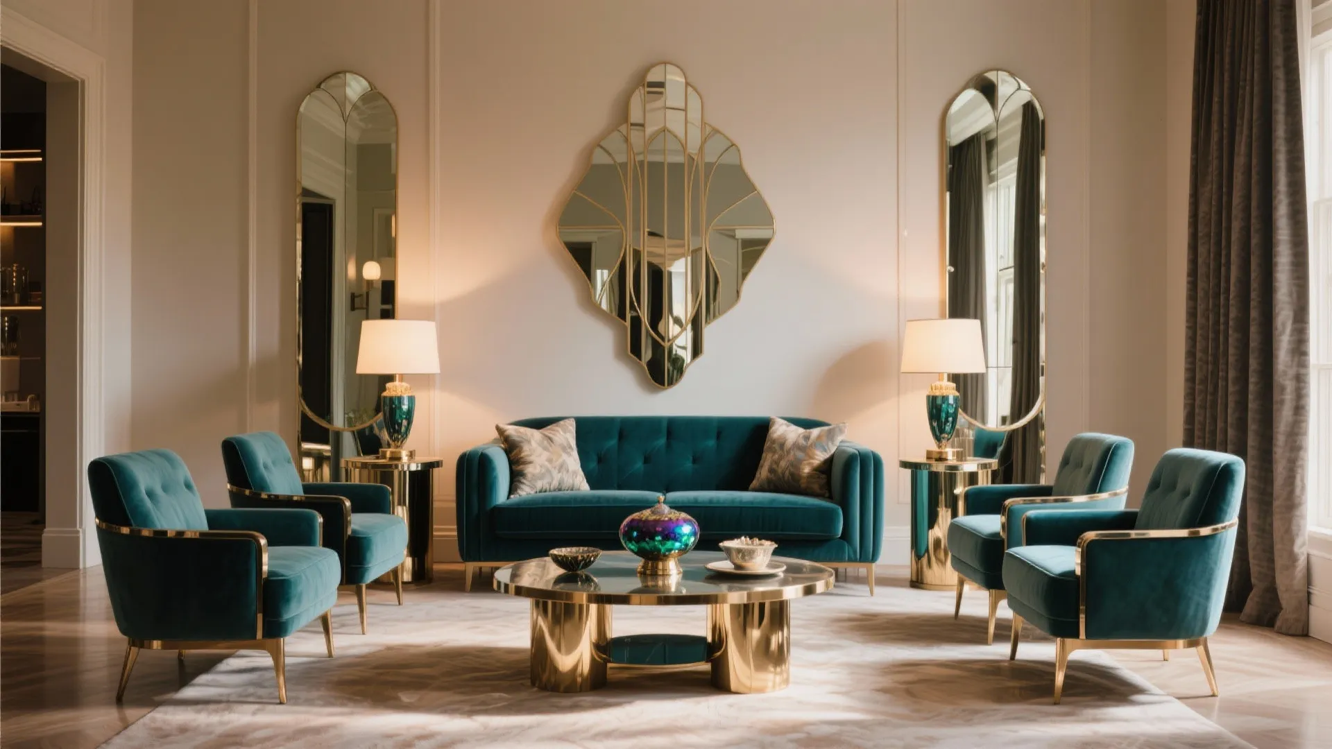Symmetrical living room layout with teal sofa armchairs gold coffee table mirrors and table lamps