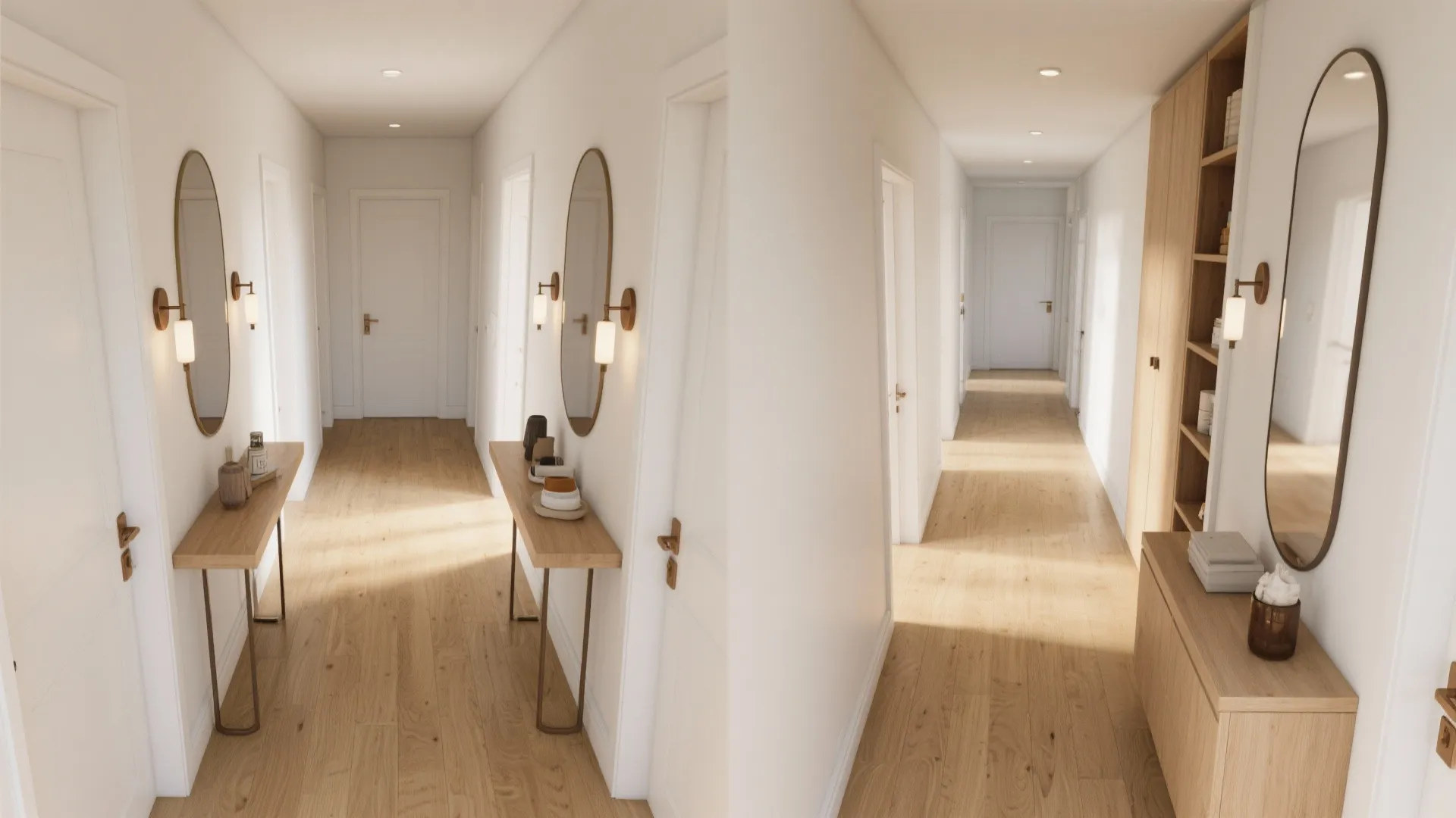 Modern hallway interior design with wooden floors white walls mirrors wall lights and narrow wooden tables
