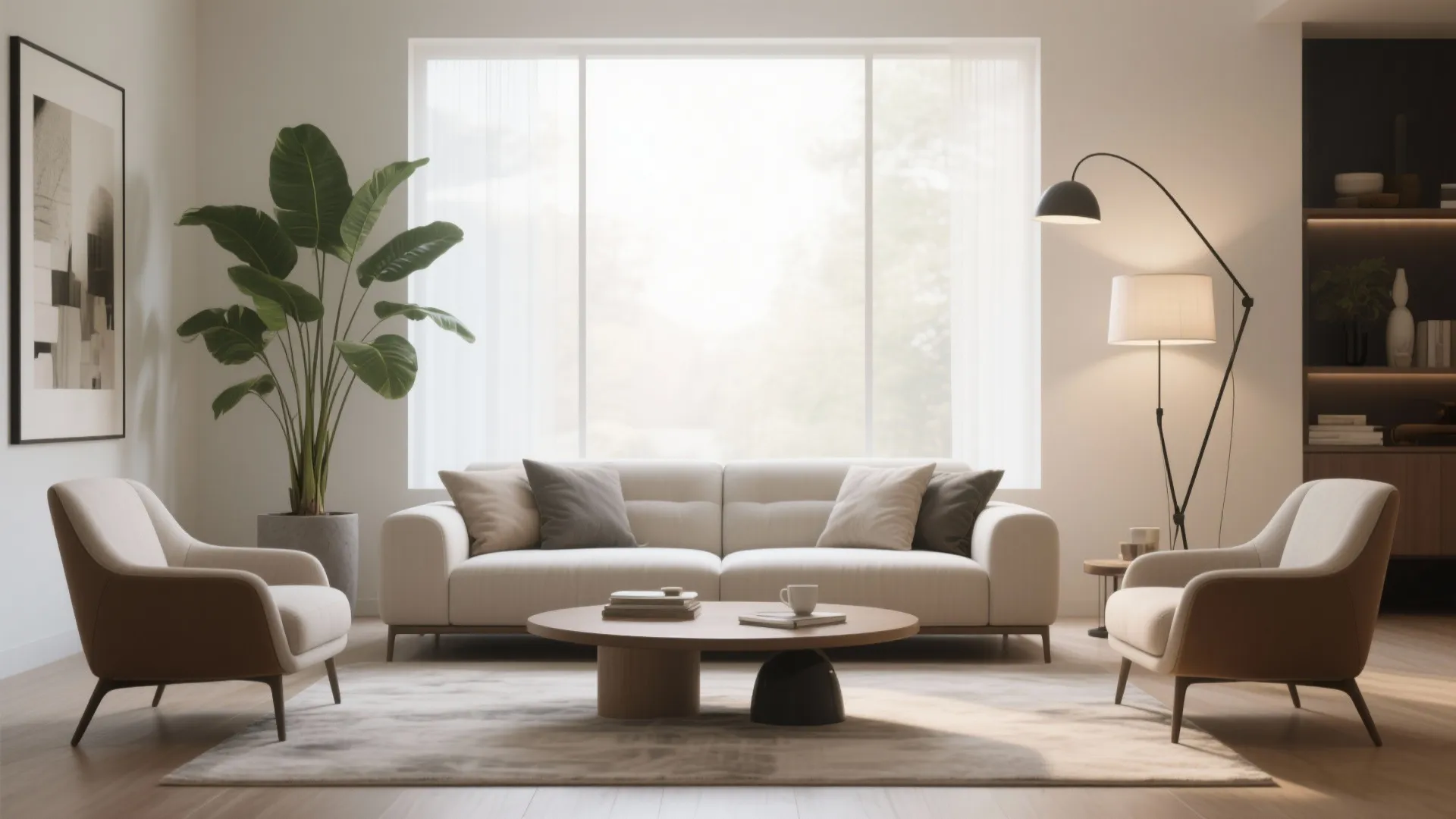 Symmetrical seating with an asymmetric tall plant and floor lamp on one side.