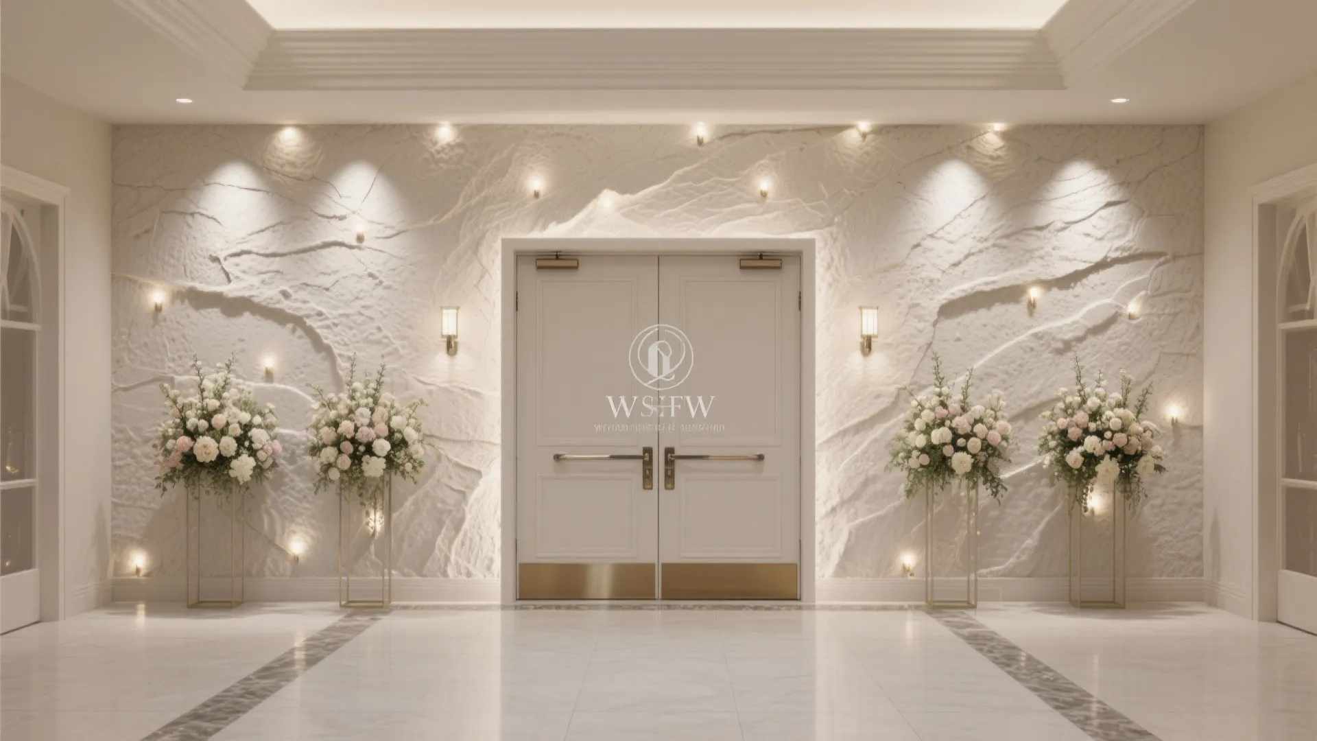Elegant white double doors with flower arrangements and textured wall panel design in hotel lobby