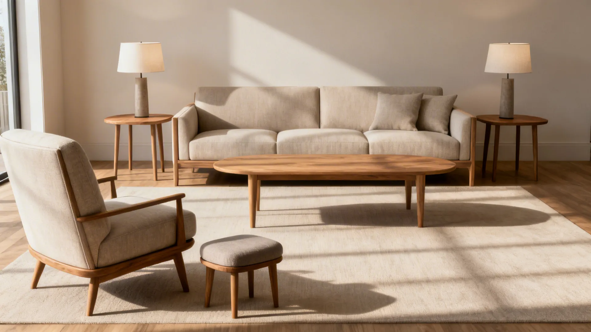 Split concept: symmetrical three-piece sofa setup and a deliberate asymmetrical arrangement with an accent stool