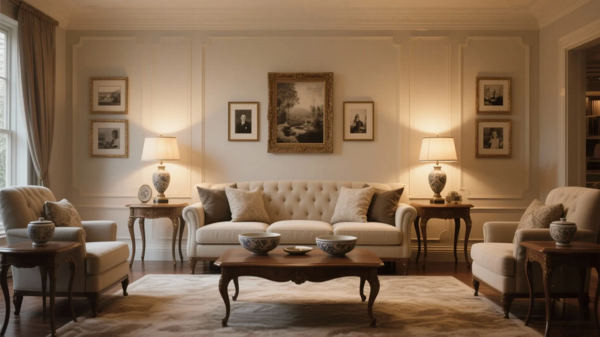 Classic living room with symmetrical layout featuring a cream sofa two armchairs and wall panel