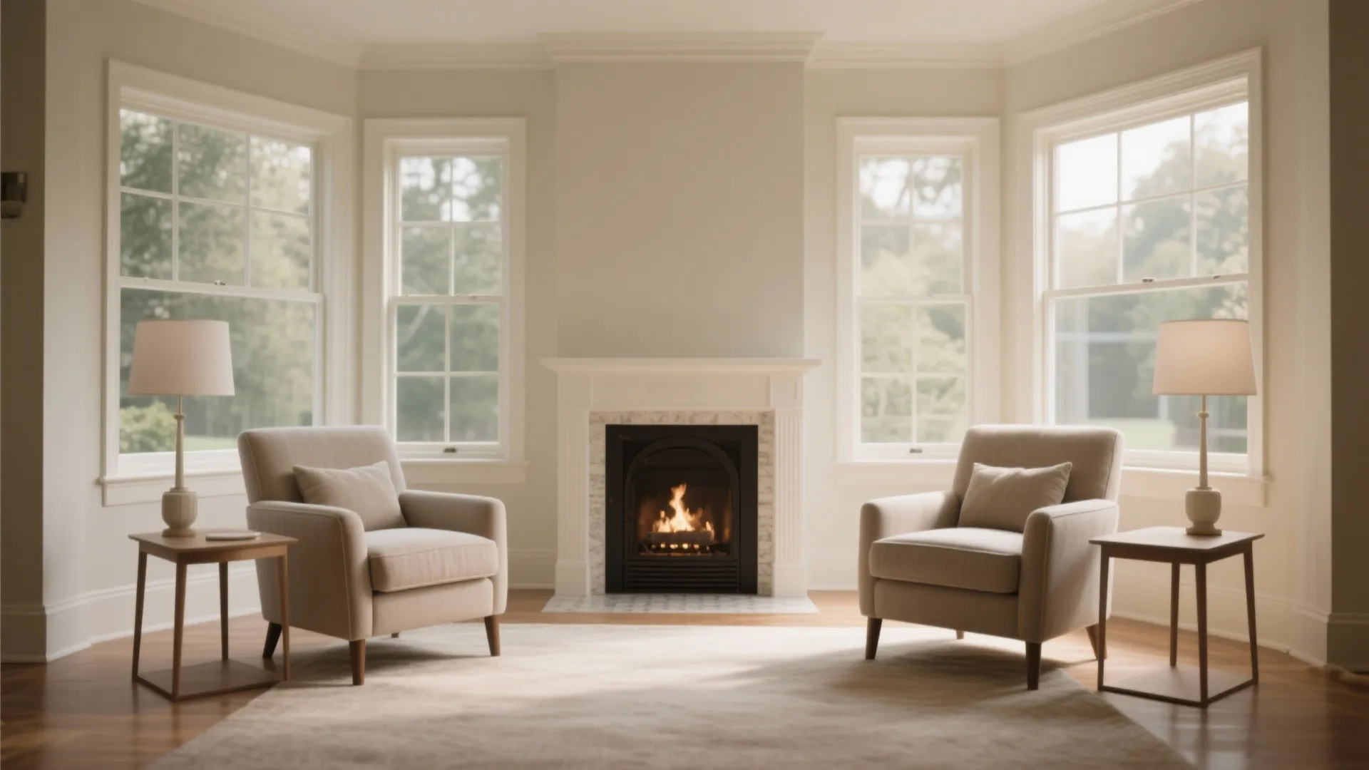 Symmetrical living room with two beige chairs, side tables with lamps, white fireplace and four windows