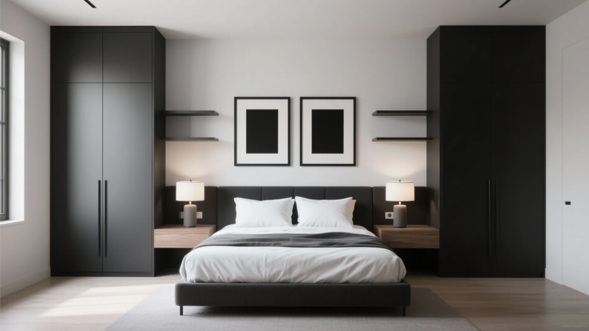Symmetrical modern bedroom with black wardrobes white bedding wooden nightstands wall lights and two picture frames