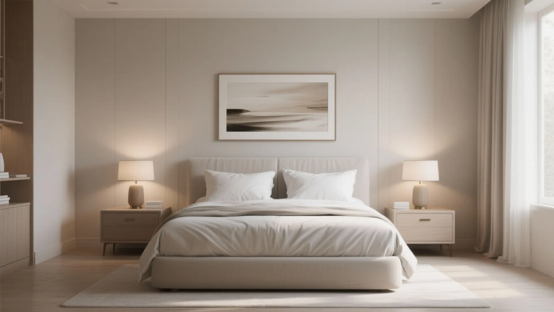 Symmetrical bedroom with beige bed wall art matching nightstands table lights and soft natural light curtains