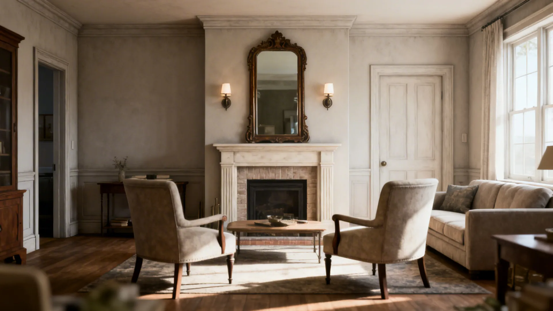 Before and after views show a living room transformed by symmetry and a mirror-topped mantel.