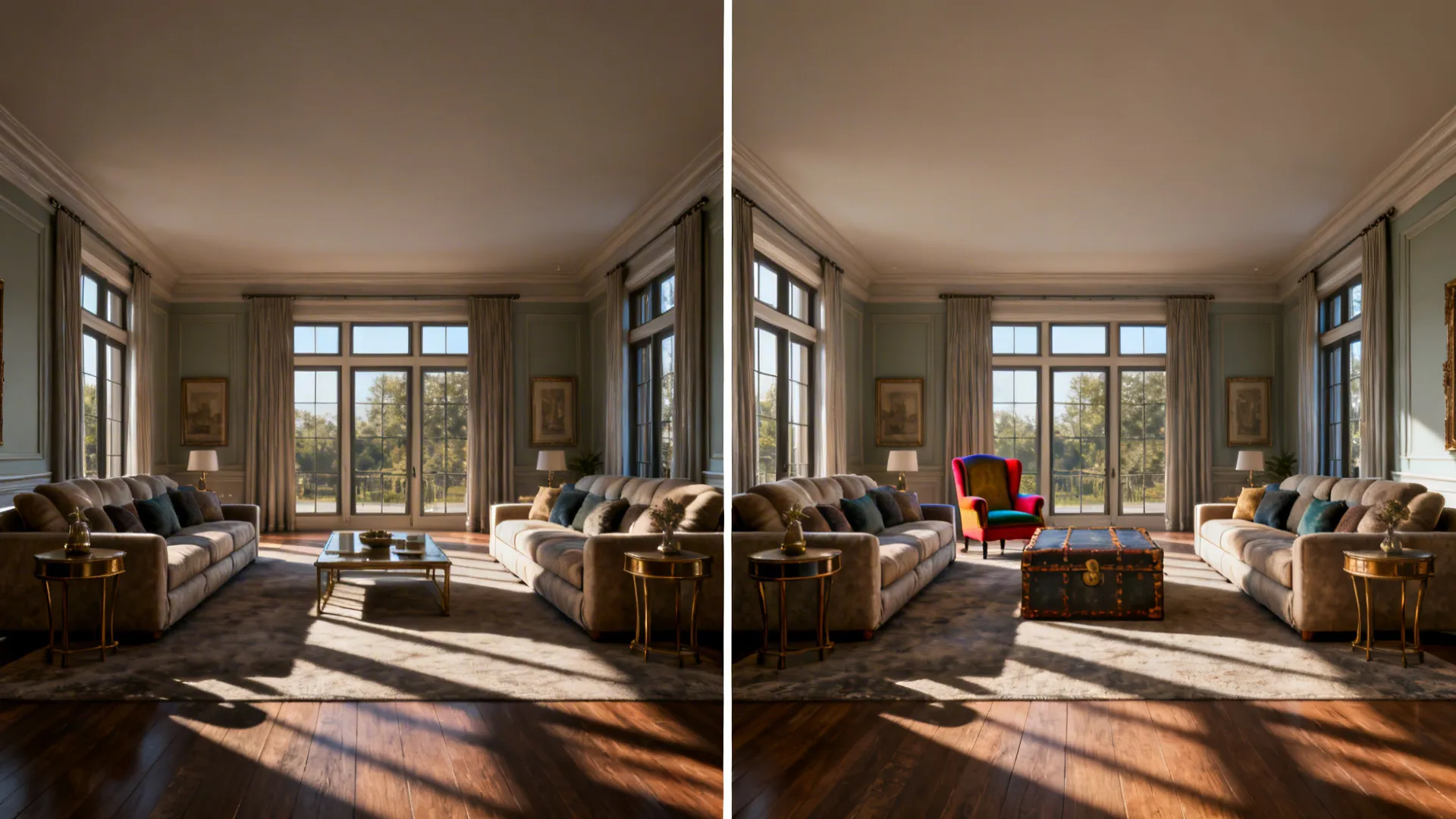 Before-and-after living room: symmetry then broken by a single statement piece