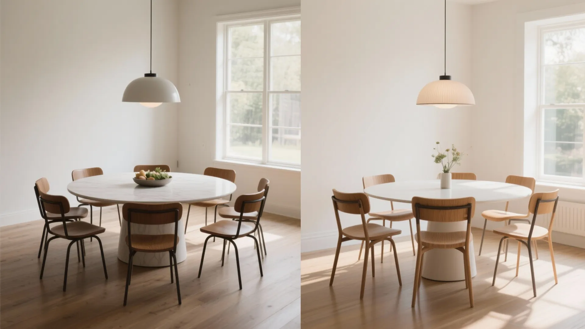 Round dining table styled in symmetrical and asymmetrical setups
