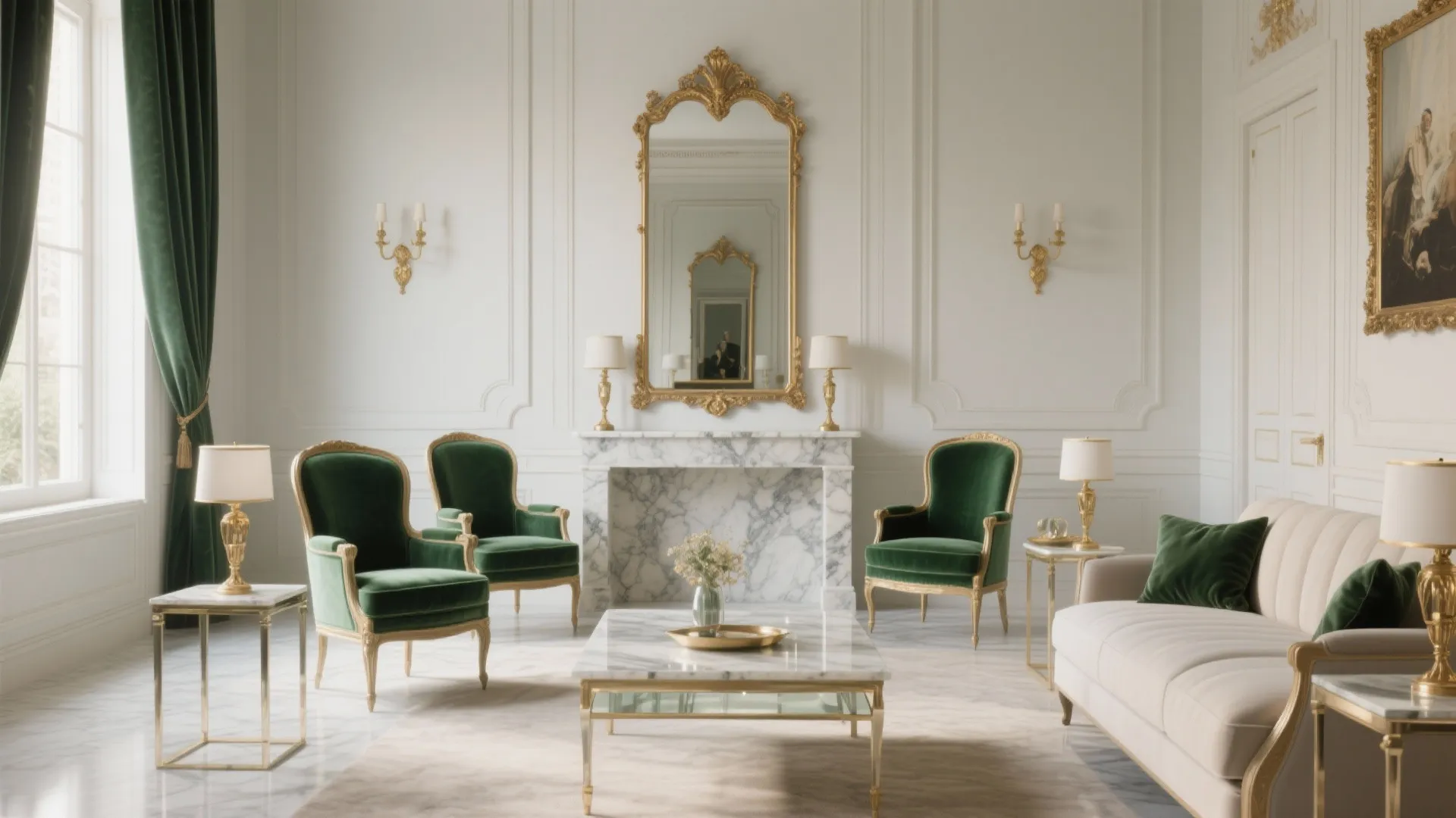Elegant white living room featuring green velvet chairs marble fireplace golden mirror and large cream sofa