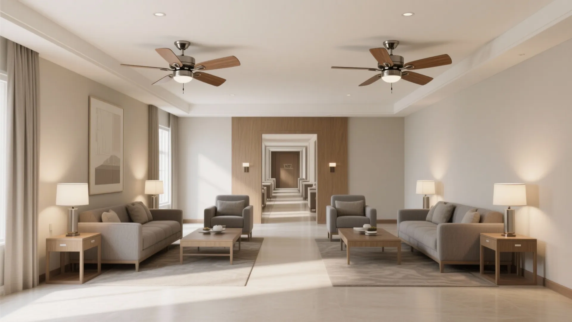 Long narrow living room with two identical ceiling fans perfectly aligned over the seating axis.
