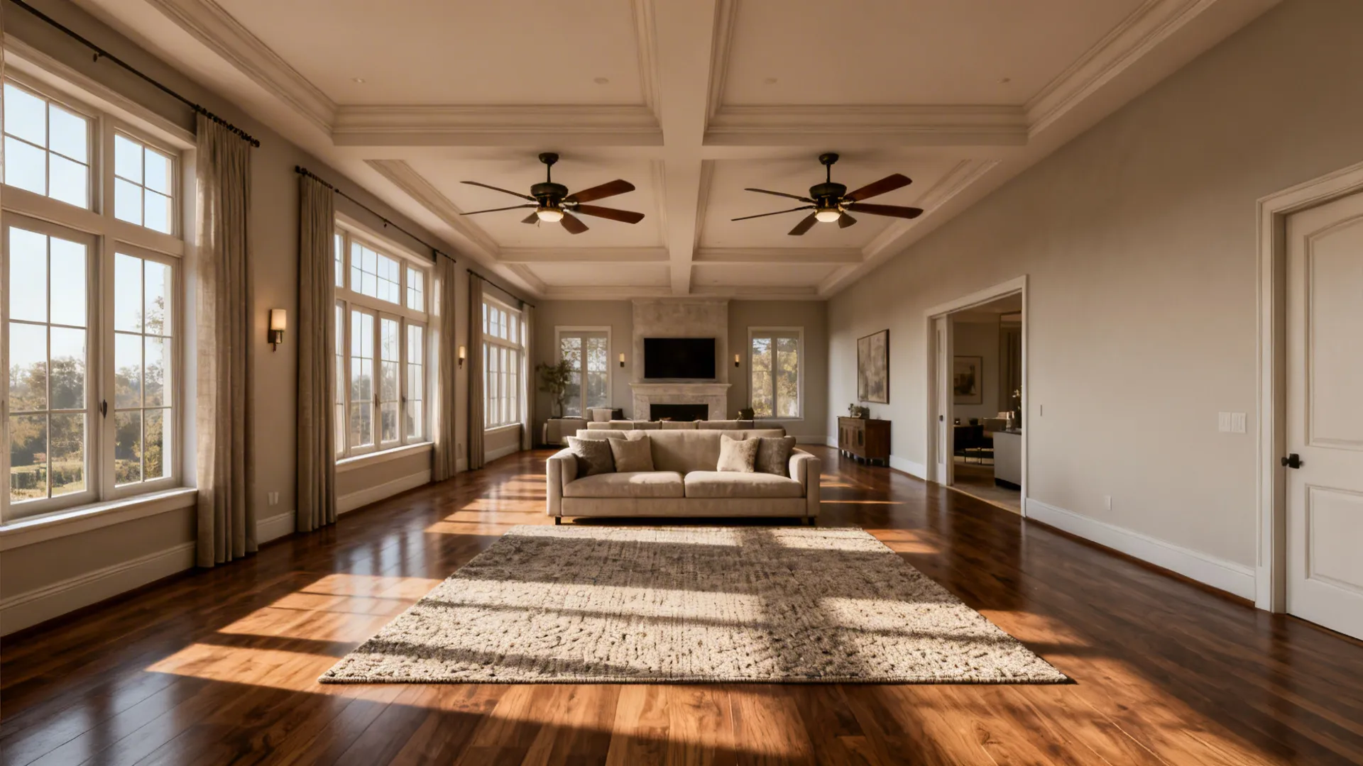 Long living room with two identical ceiling fans on the central axis above a centered sofa.