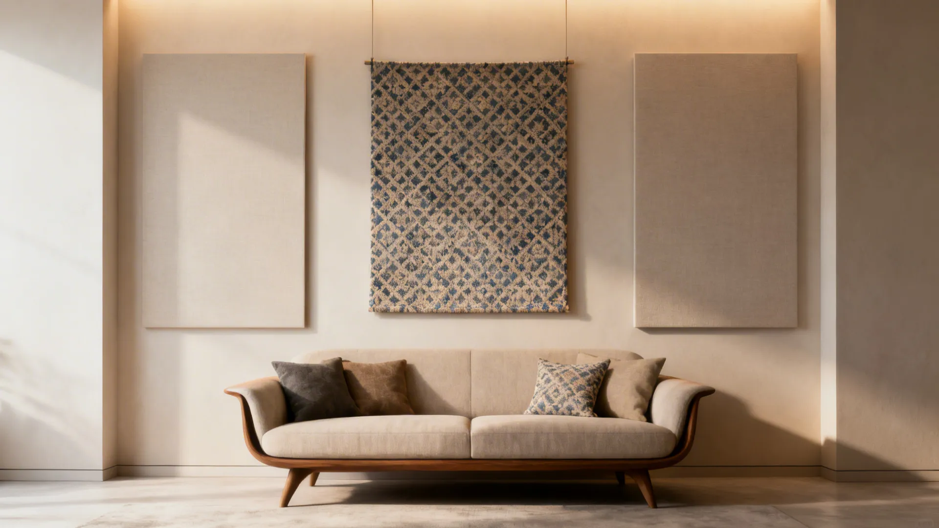 Two neutral side curtains with a patterned central panel creating a focal point above a sofa.