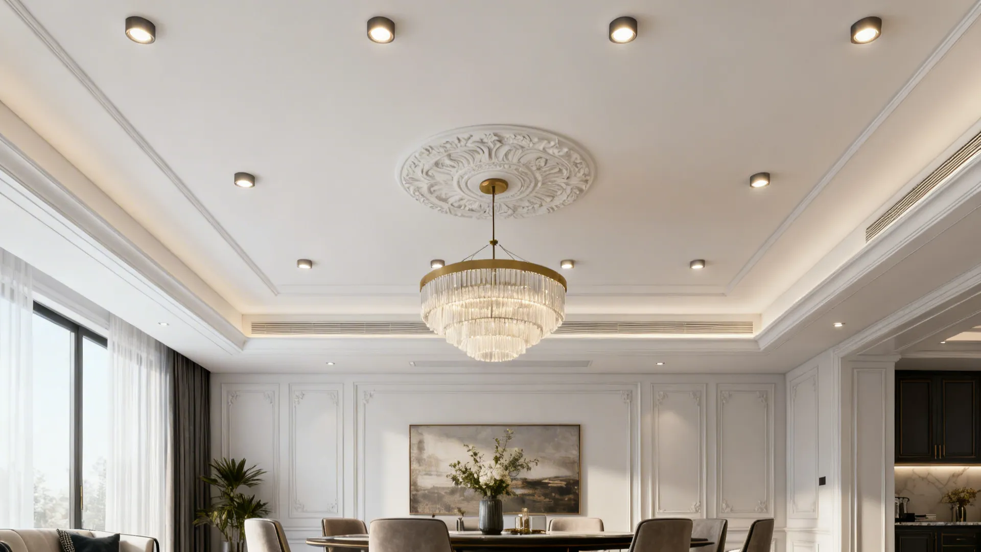 Symmetrical recessed lighting paired with a low-profile central pendant in a small living room.