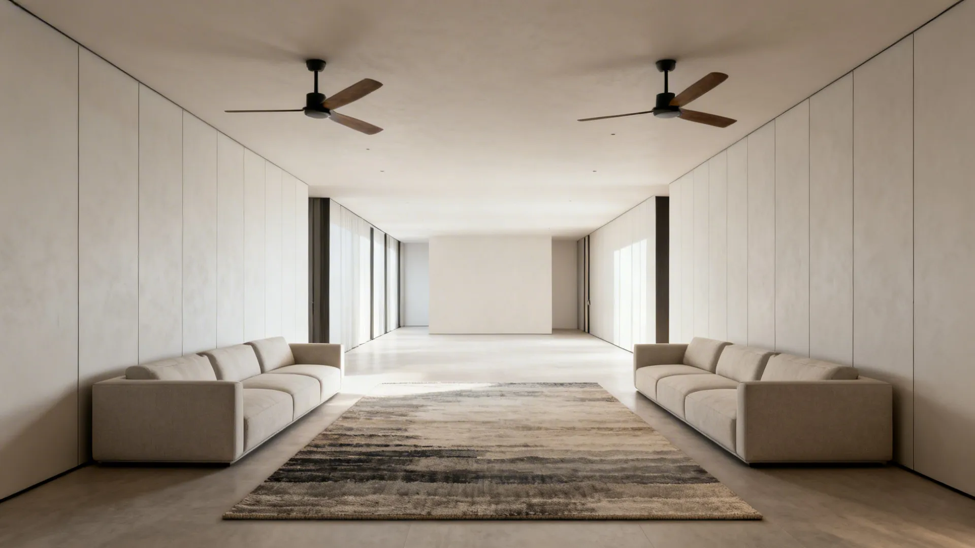 Narrow living room with two aligned ceiling fans and a large central rug tying seating areas together