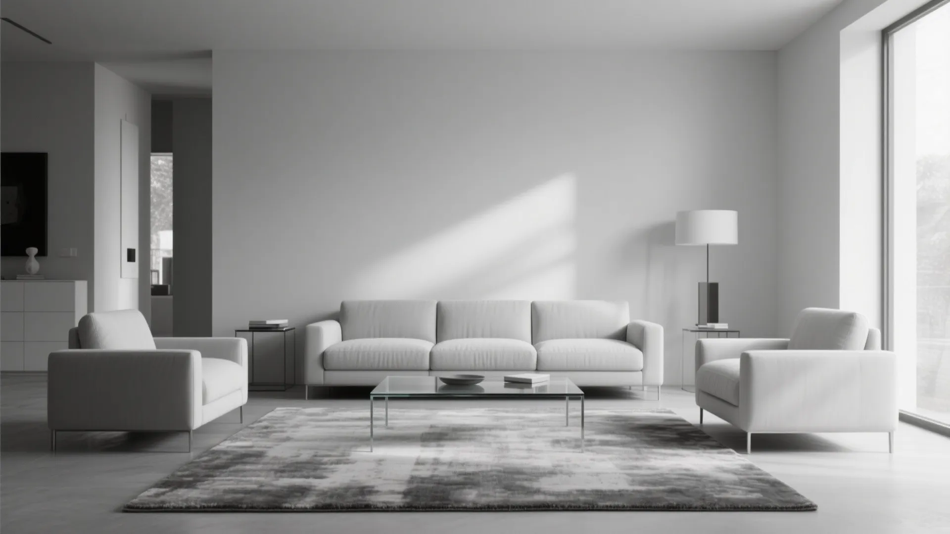 Minimalist grey living room with large sofa and armchairs on a patterned rug under sunlight