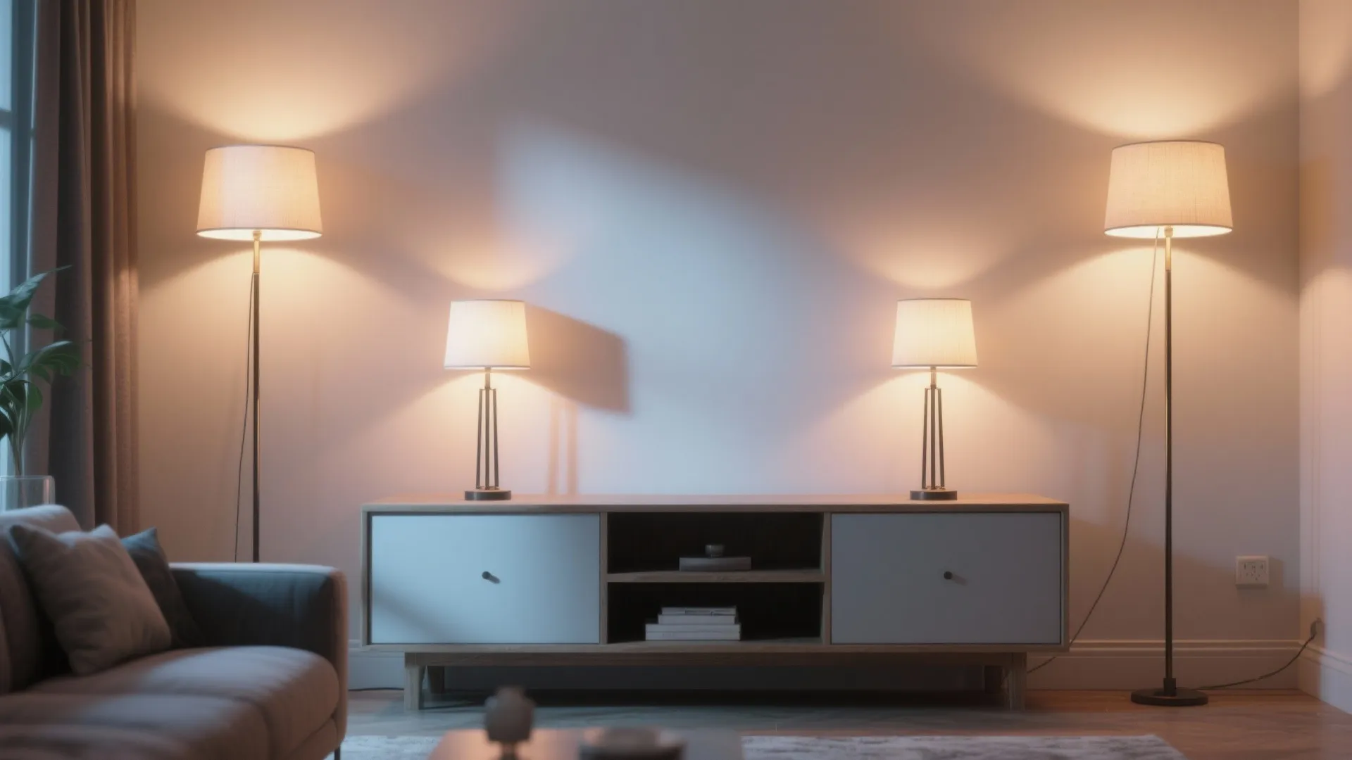 Console table with two matching slim lamps for symmetry