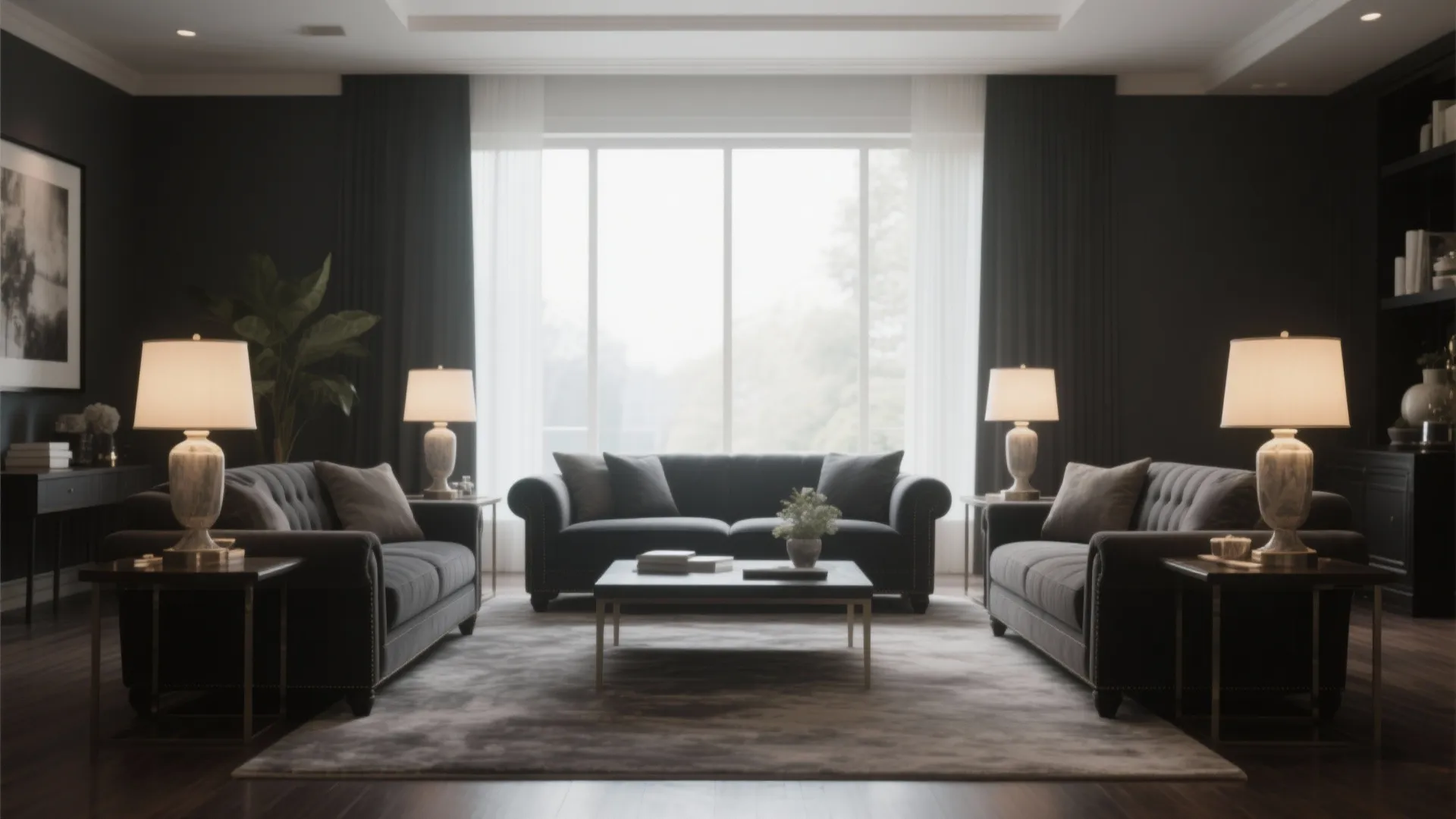 Symmetrical living room layout with dark furniture