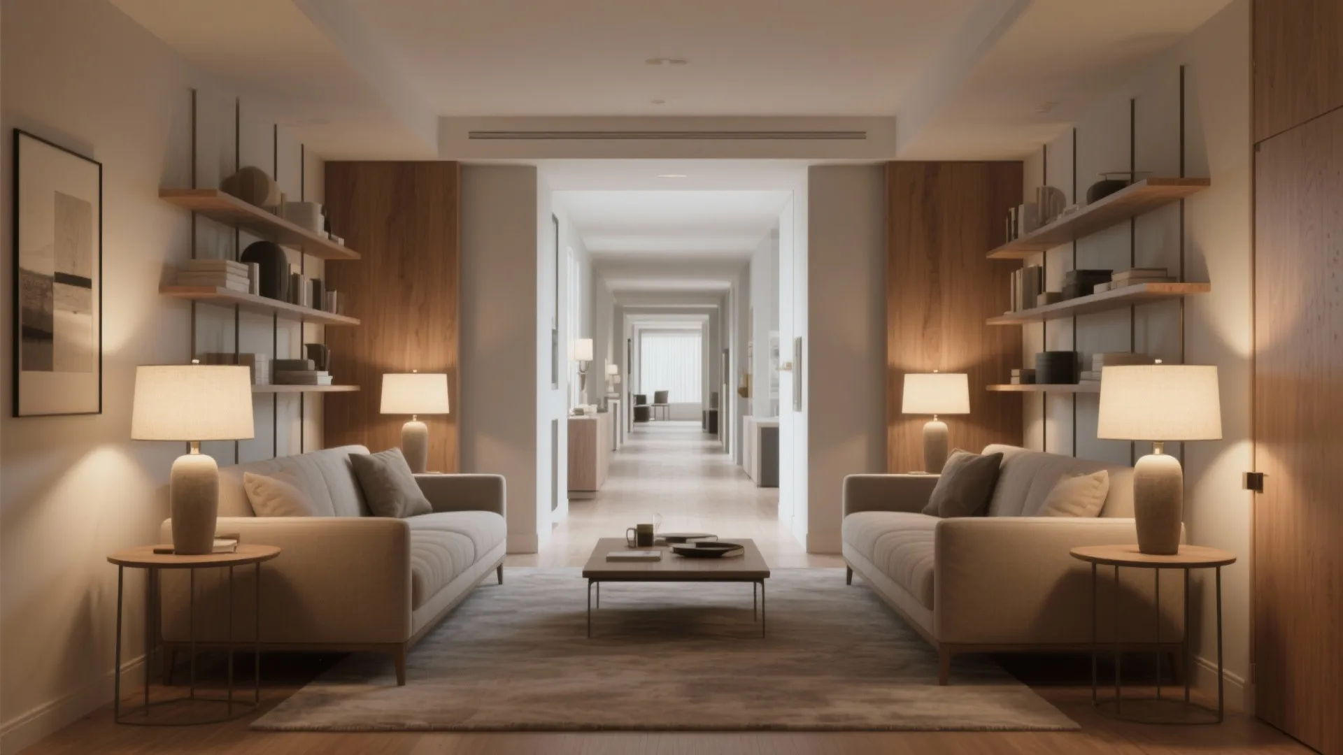 Symmetrical living room design with two sofas wooden wall shelves table lamps and long hallway