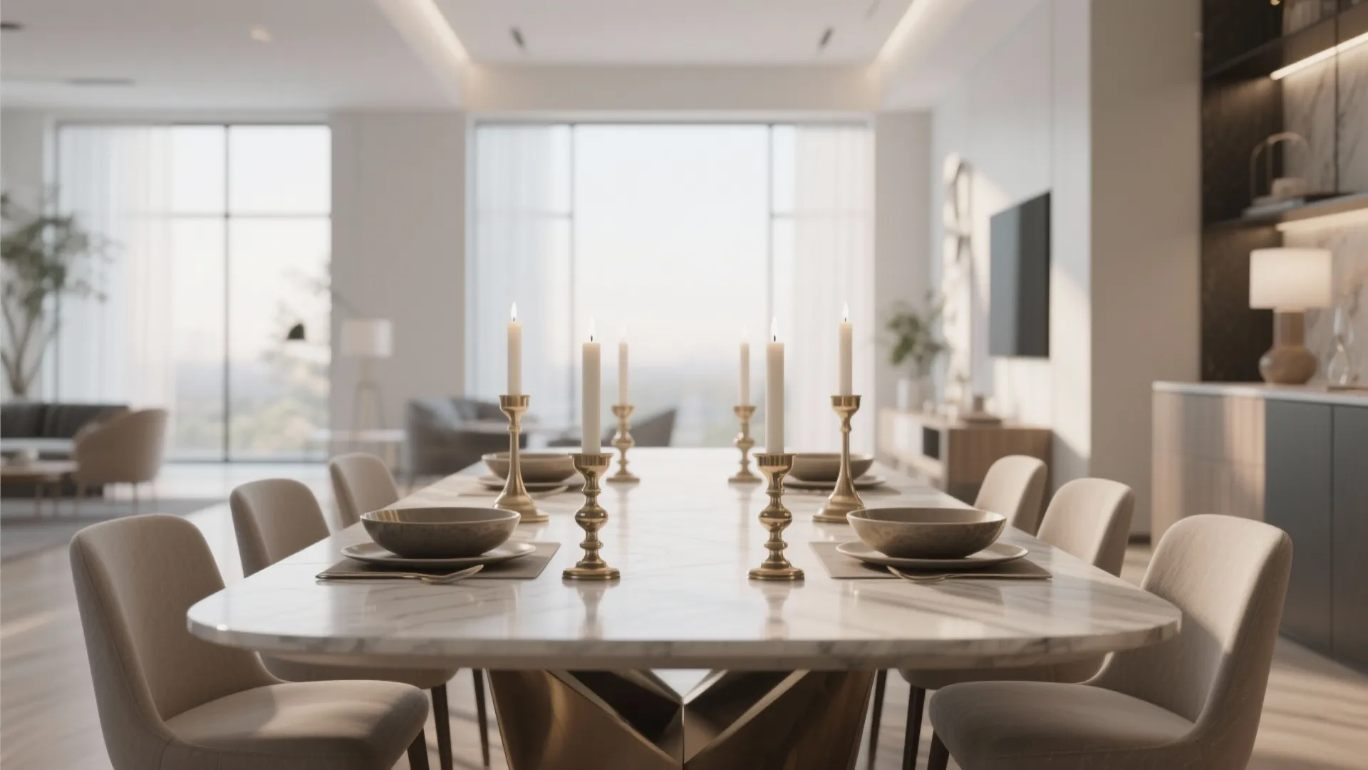 Modern elegant dining room with marble table, gold candle holders, matching plates and large windows