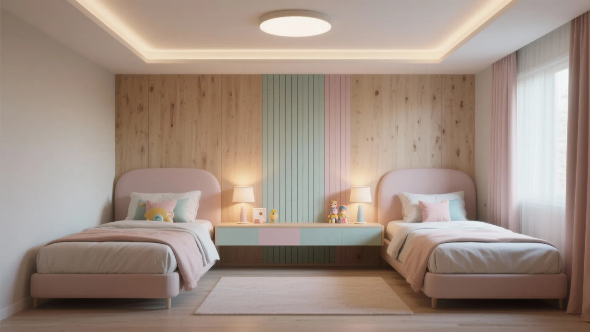 Symmetrical kids bedroom with two pink beds wood wall panels ceiling light and colorful drawer