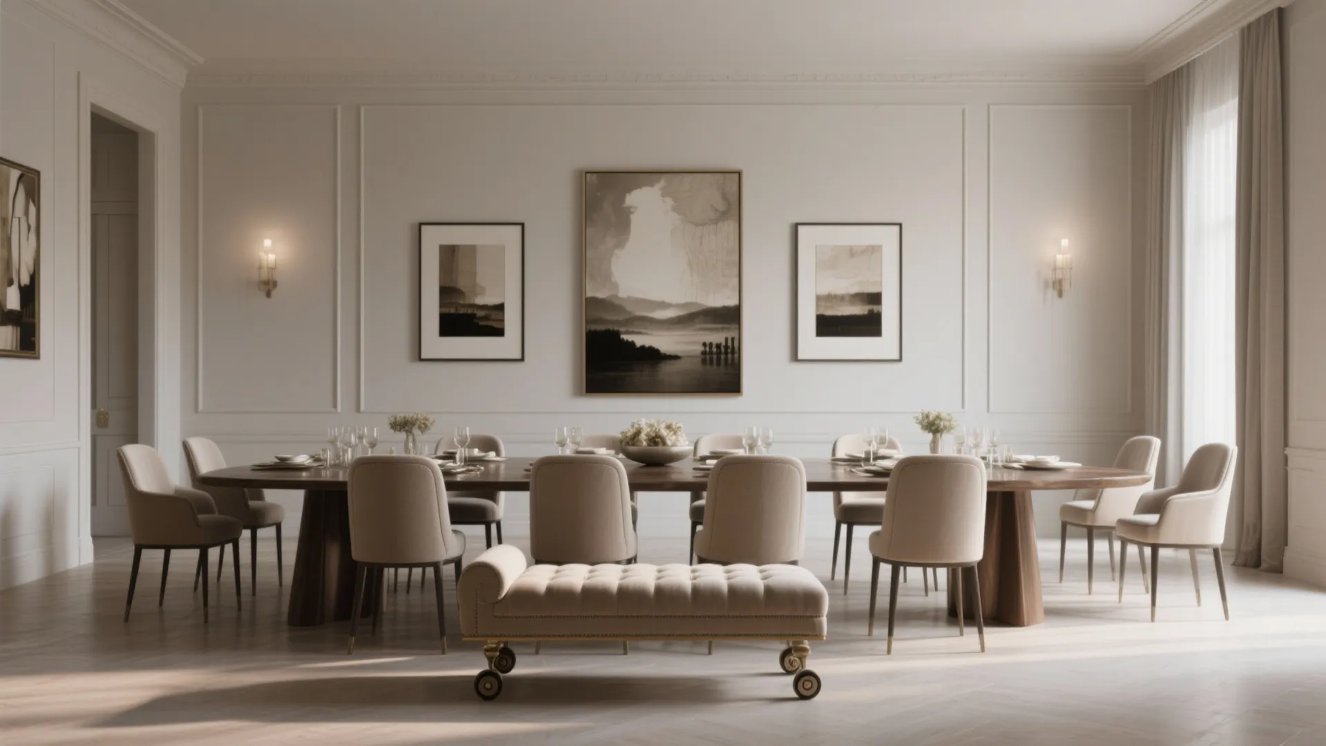Elegant dining room with wooden table, cream chairs, wall art, wall panels, and light fixture