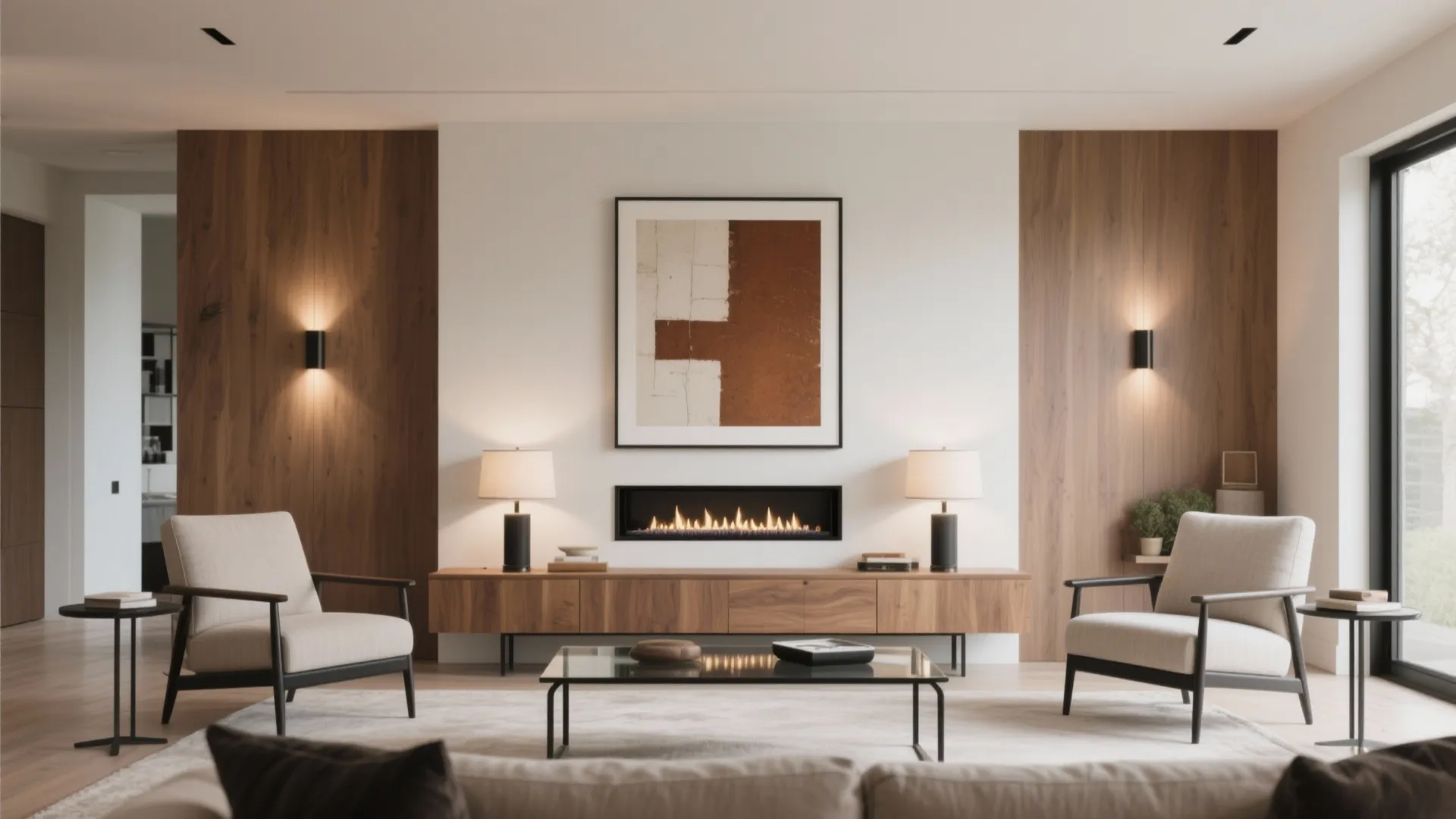 Modern living room with fireplace wooden wall panel abstract art two armchairs and coffee table