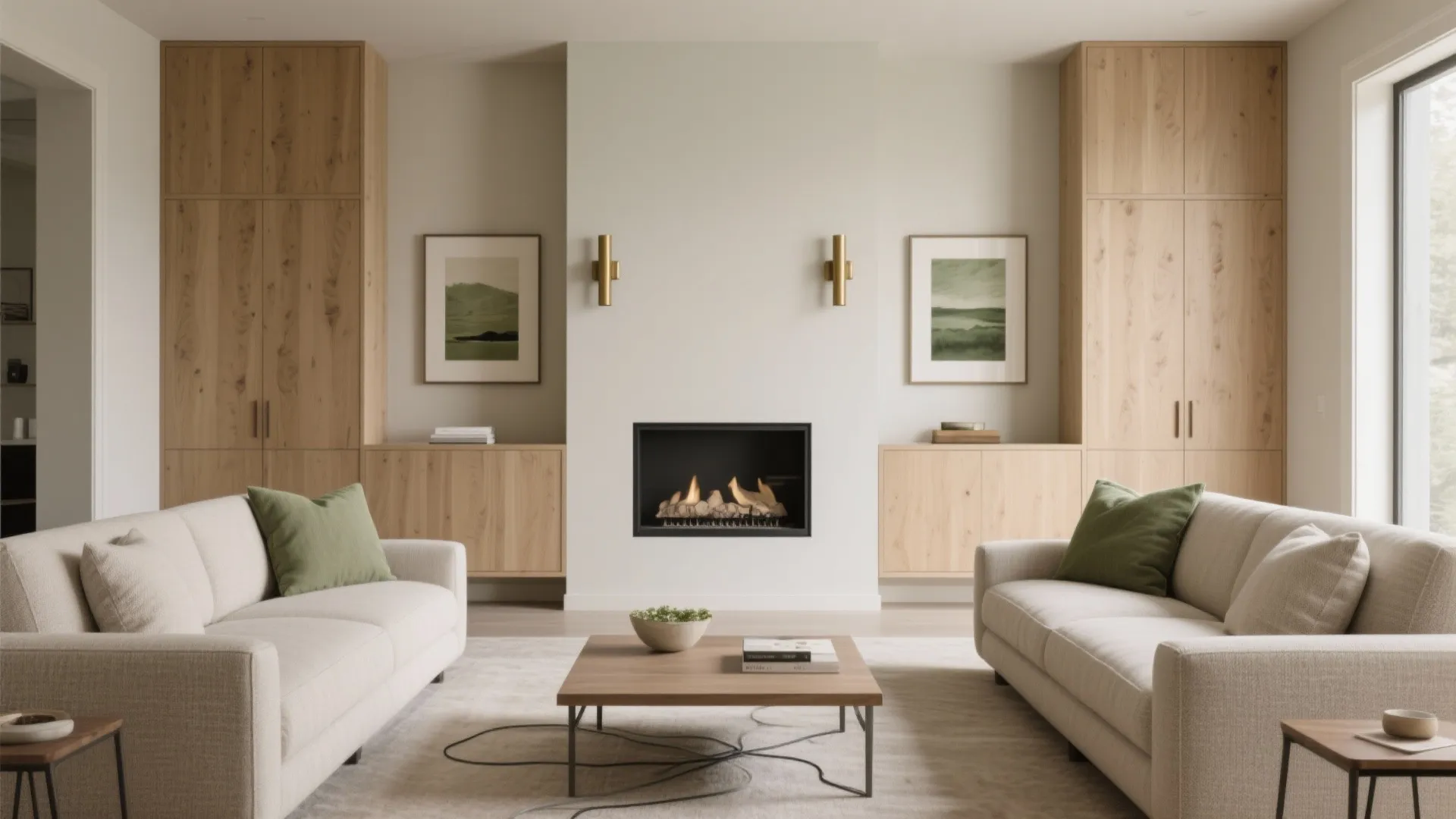 Symmetrical living room with central fireplace two beige sofas wooden cabinets wall lights and table
