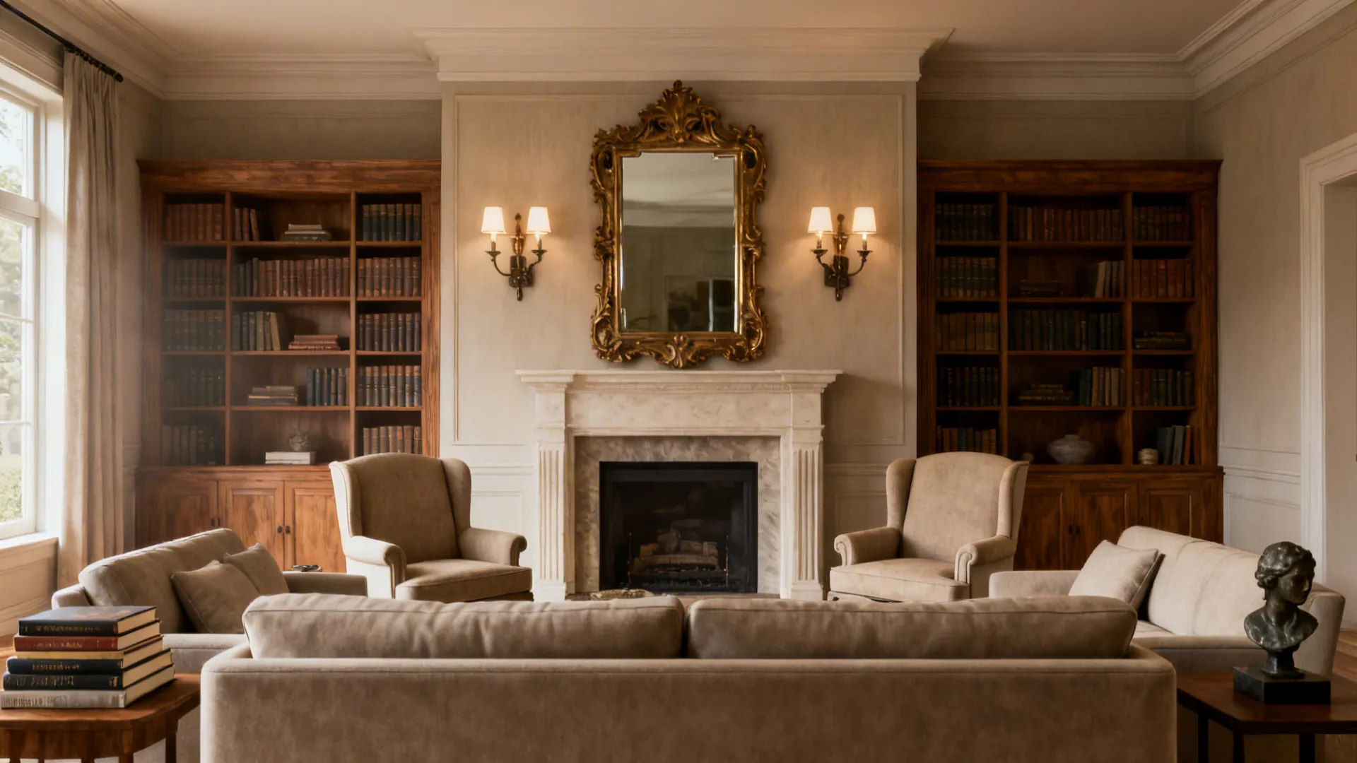 Symmetrical classic living room centered on a faux mantel with a vintage gilt mirror and twin sconces.