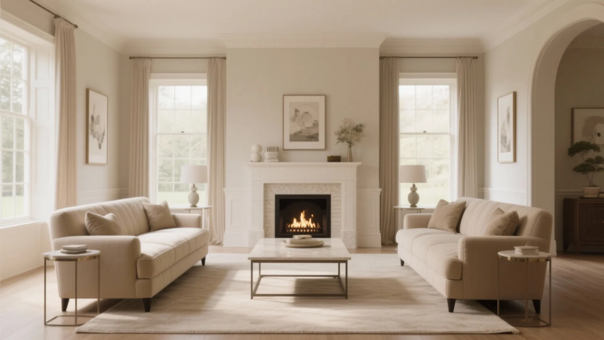 Symmetrical cream living room with two sofas facing a fireplace and a marble coffee table