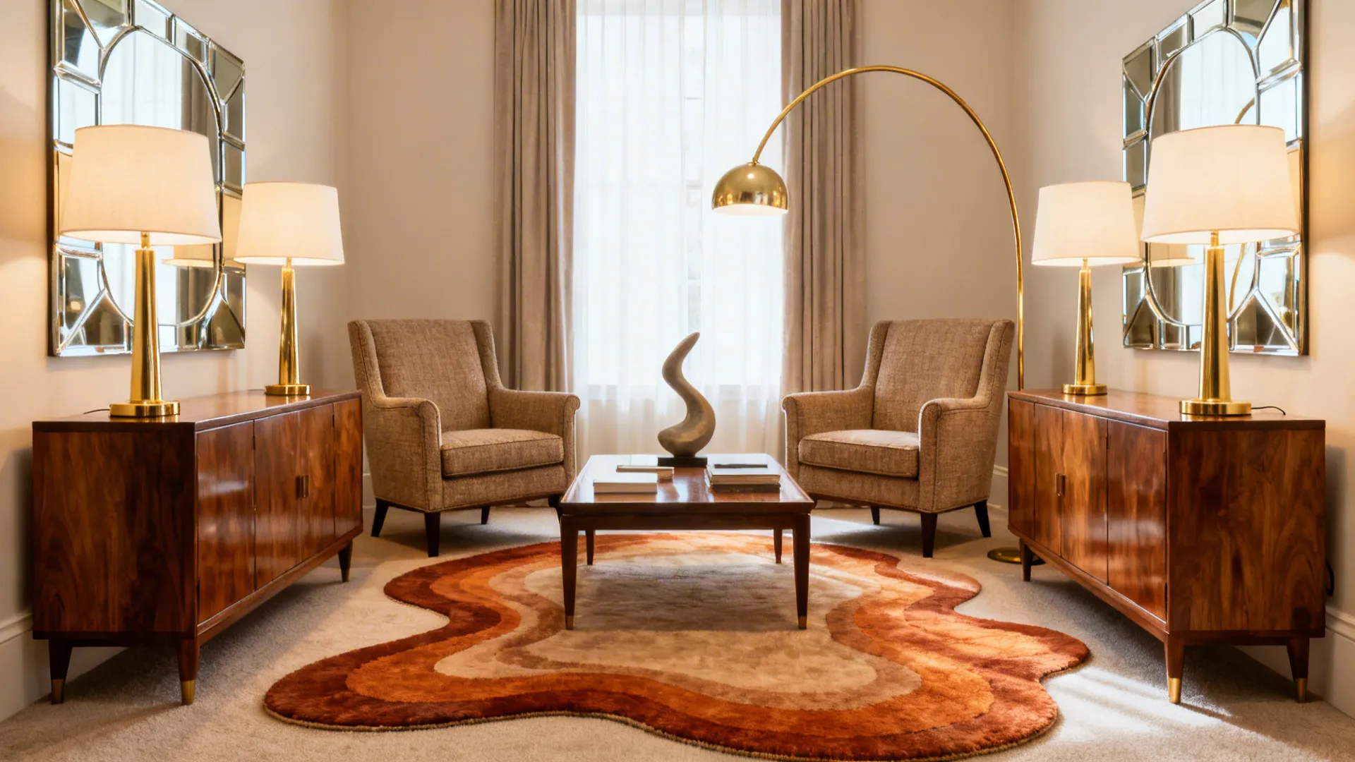 Small formal living room with symmetrical seating, twin tables and mirrored lighting softened by an organic rug.